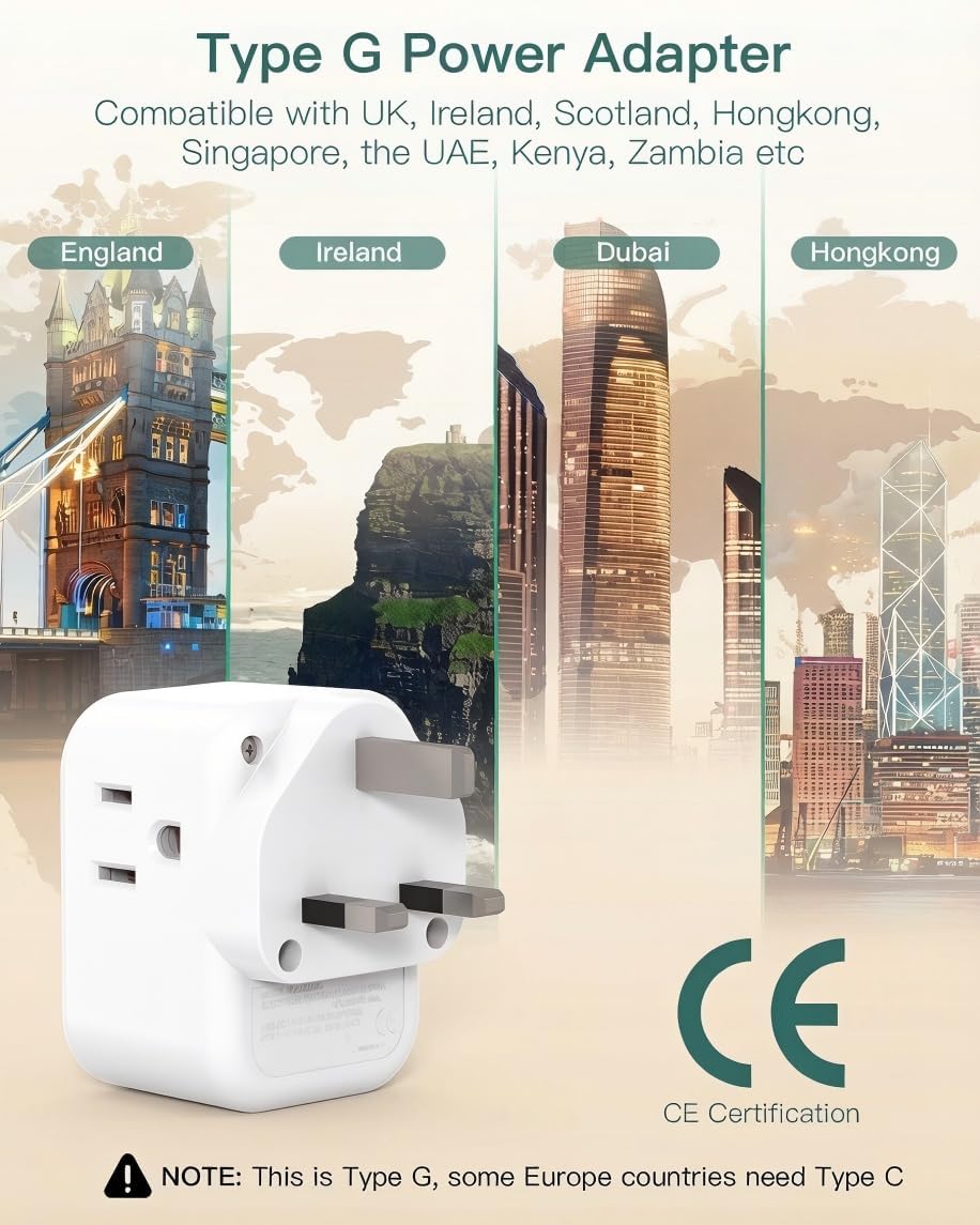 Addtam US to UK Ireland Travel Plug Adapter, Type G Power Plug Adapter with 3 Outlets 3 USB Ports(2 USB C), UK Adapters for Travel for USA to Dubai England London Scotland British Kenya Irish Hongkong - Image 4