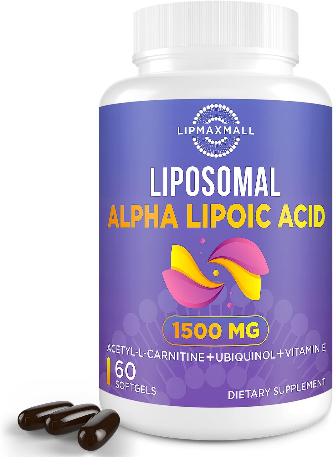 lipmaxmall Liposomal Alpha Lipoic Acid 1500mg-with Acetyl-L-Carnitine 900mg& Ubiquinol 100mg& Vitamin E 15mg,ALA Supplement for Antioxidants Glucose Metabolism Nerve Energy Cardiovascular,60 Softgels
