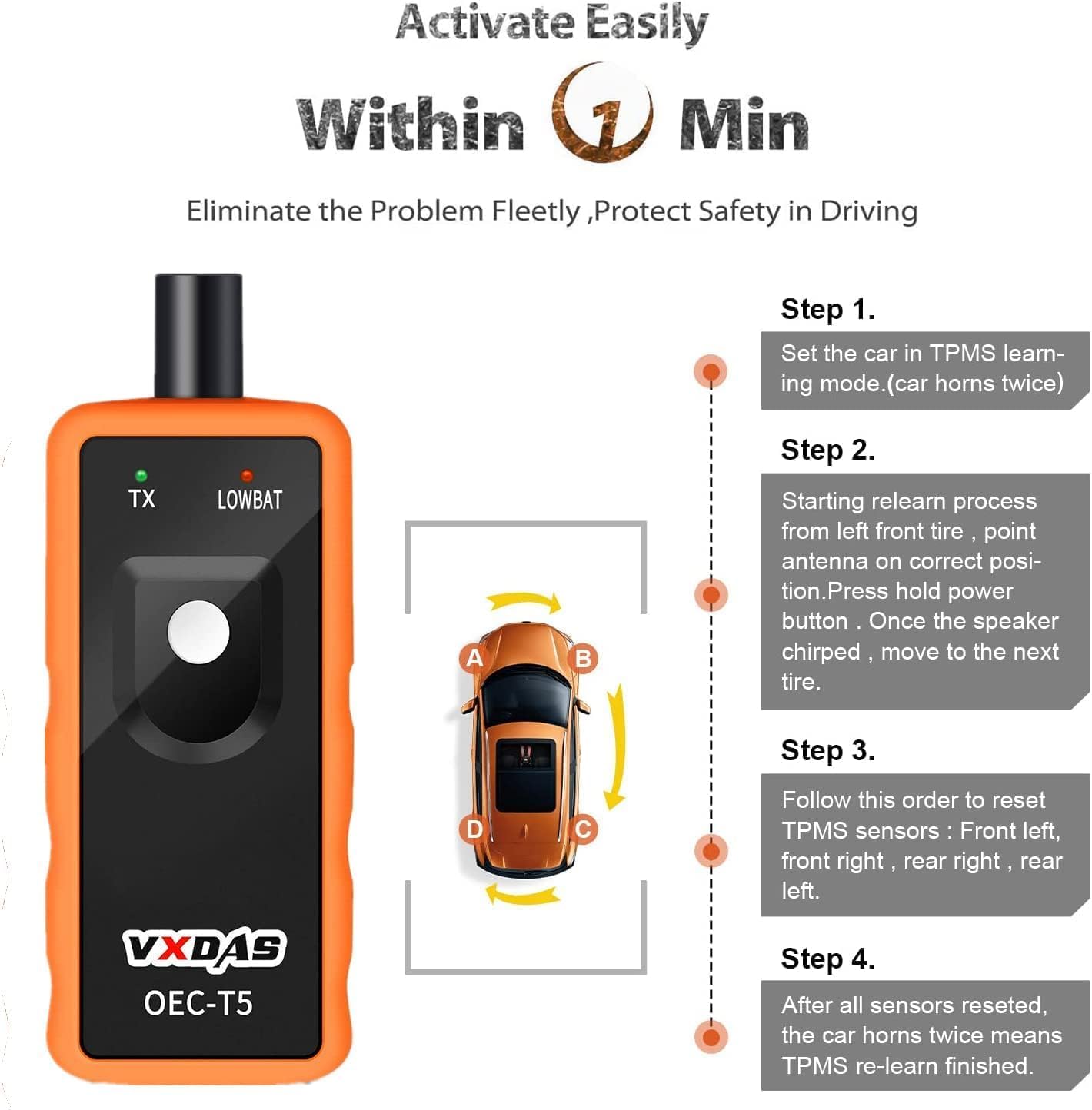 VXDAS TPMS Relearn Tool Only for GM Vehicles (2006-2024 Chevy/Buick/GMC/Opel/Cadillac) Original Sensor with 315/433 MHz, Tire Sensors Pressure Monitor System Reset Tool OEC-T5-2025 Edition - Image 3