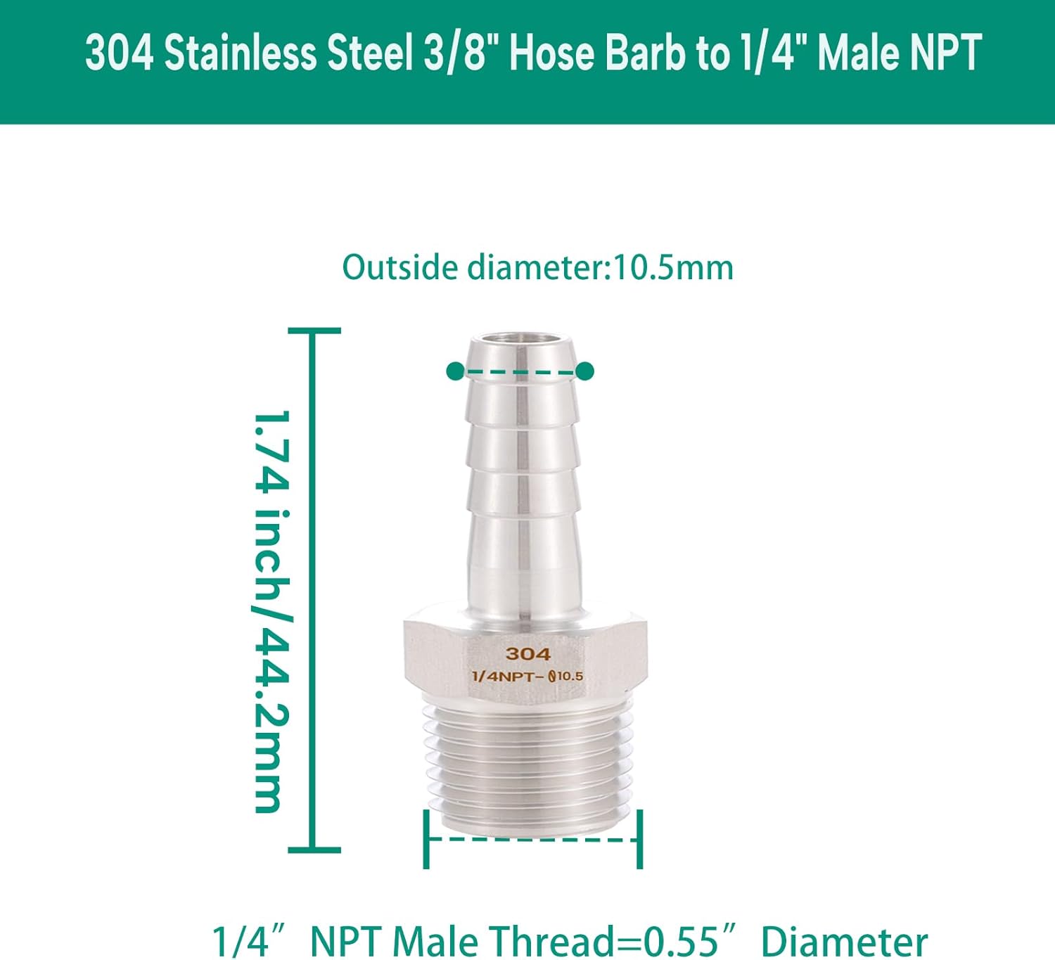 Ceaeso 304 Stainless Steel 3/8" Hose Barb to 1/4" Male NPT ,For connecting 3/8-inch bore air/water/oil hoses, lead-free (Pack of 2) - Image 2