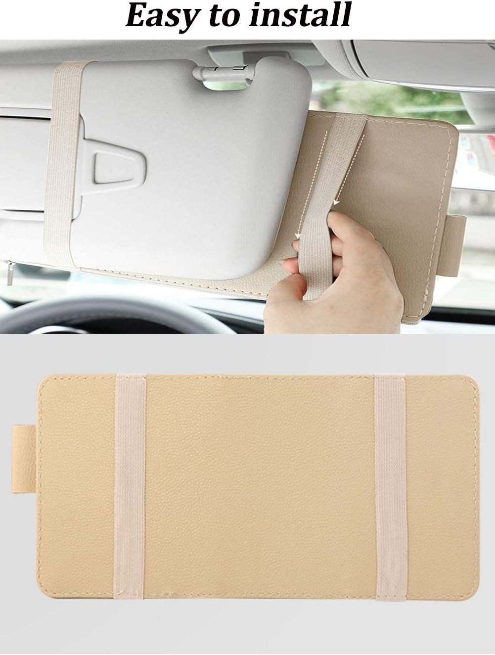 Car Sun Visor Organizer, Auto Car Interior Leather Accessories Storage Pocket Sun Visor Pouch Case Bag for Card License Registration Pen Mobile Phone Bill Note Key Document (Beige) - Image 6