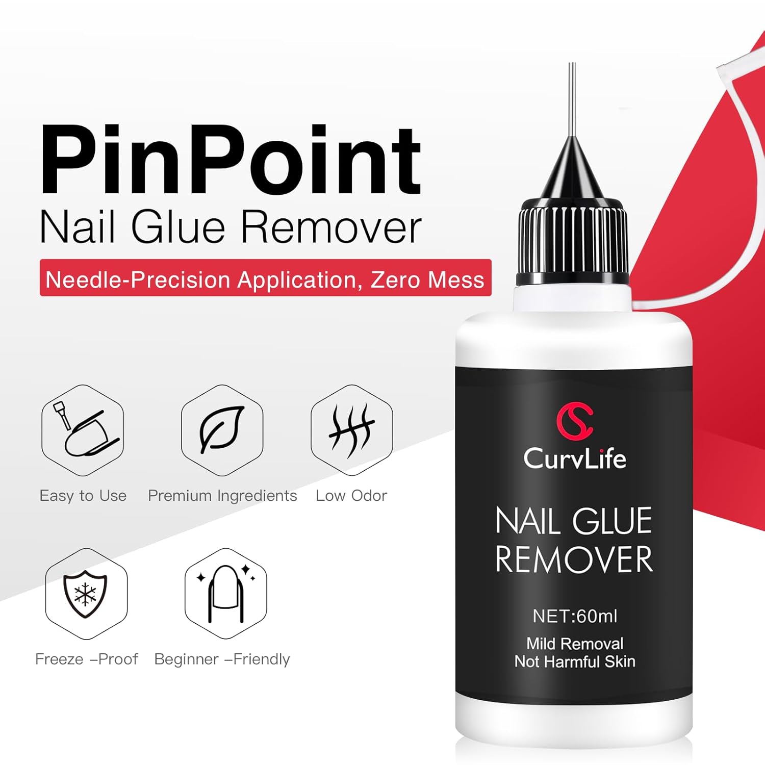 Curvlife Pinpoint Nail Glue Remover for Press on, 60ml Nail Remover for Nails Tips, Gentle Glue Remover for Gel x Nails, Non-Acetone Nail Polish Remover - Image 2