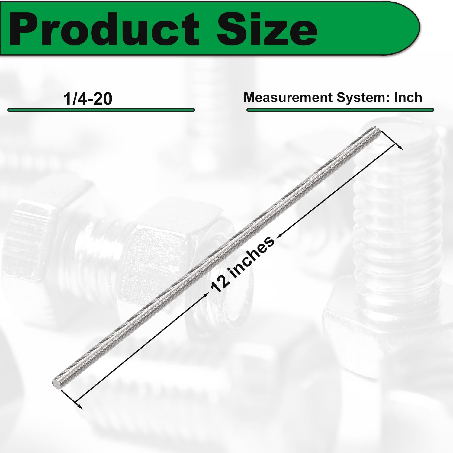 1/4-20 x 12 Fully Threaded Rod, 4PCS 1/4"-20 12 in All Threaded Rods, 304 Stainless Steel, Right Hand 12 inches Long Screw Rods Replacement for Lawn Mower Carburetor Bolt - Image 2