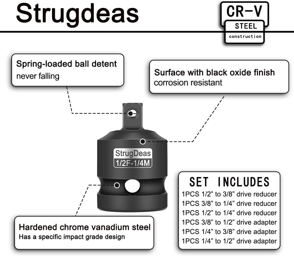 StrugDeas 6 Piece impact Socket Adapter and Reducer Set, 1/4", 3/8", 1/2" Chrome Vanadium Steel impact Ratchet/Socket Extension/Conversion Kit for automotive maintenance and construction engineering - Image 3