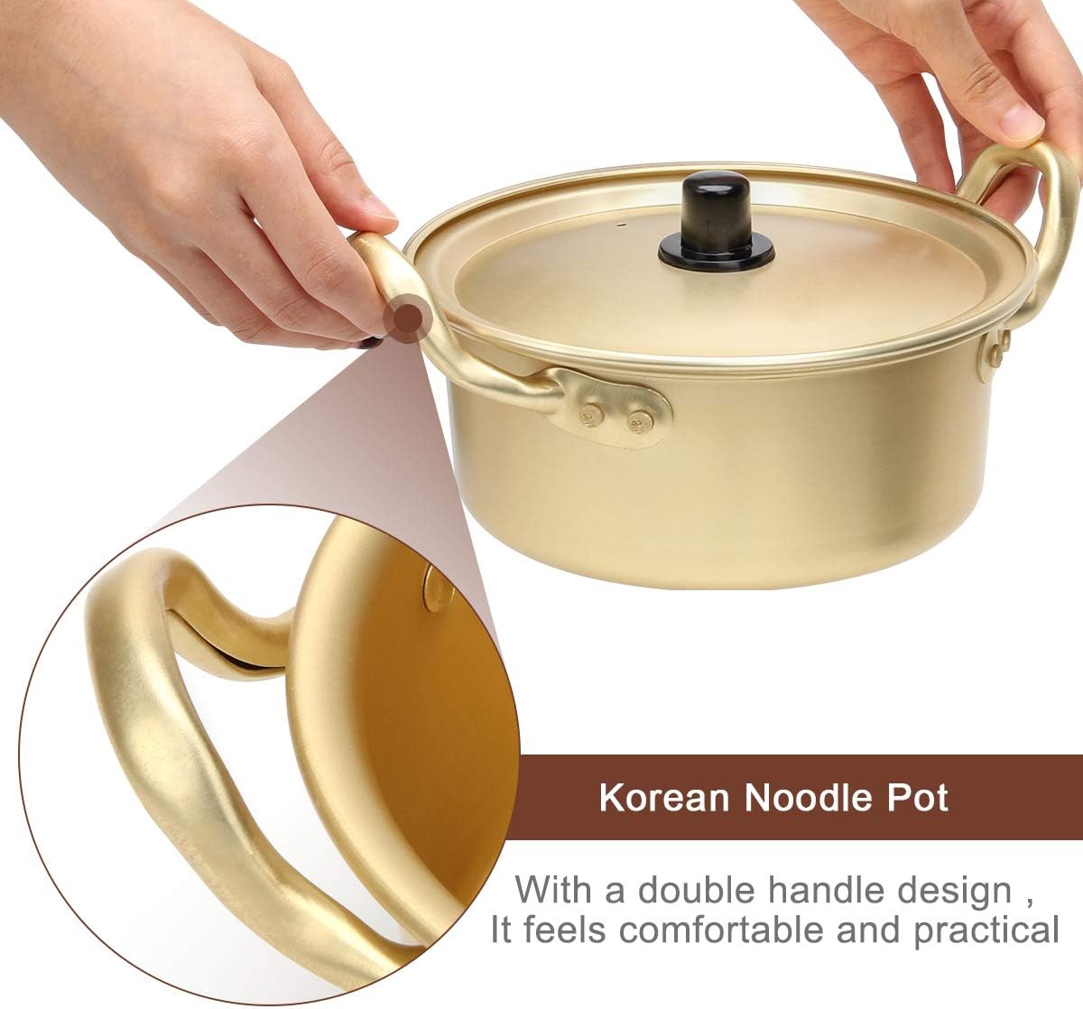 Korean Ramen Cooking Pot, AHIER Korean Ramen Noodle Pot With Lid, Spoon and Chopsticks (1pair), Fast Heating for Kitchen Cookware (Double handle) (6.3in) - Image 4