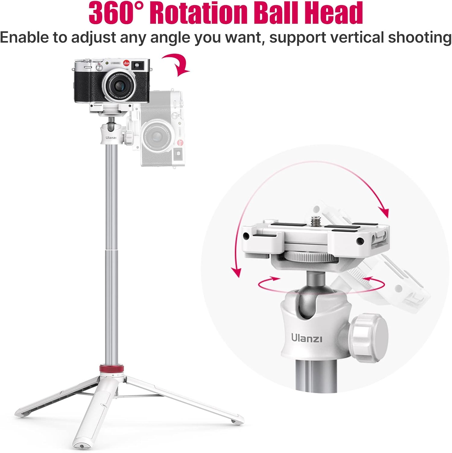 ULANZI MT-44 Extendable Phone Tripod, 59" Selfie Stick Portable Vlog Tripod Stand with 2 in 1 Phone Clip 1/4" Screw, 360° Ball Head Camera Tripod for DJI Pocket Sony Canon Action Fujifilm, White - Image 4