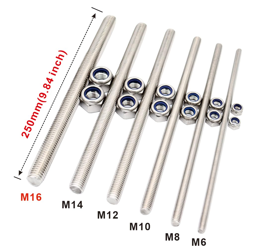 M16x250mm Fully Threaded Rod Studs Long Metric Threaded Screw 304 Stainless Steel Right Hand Threads All Threaded Rod Studs for Anchor Bolts Clamps Hangers U-Bolts 2 Pack - Image 2