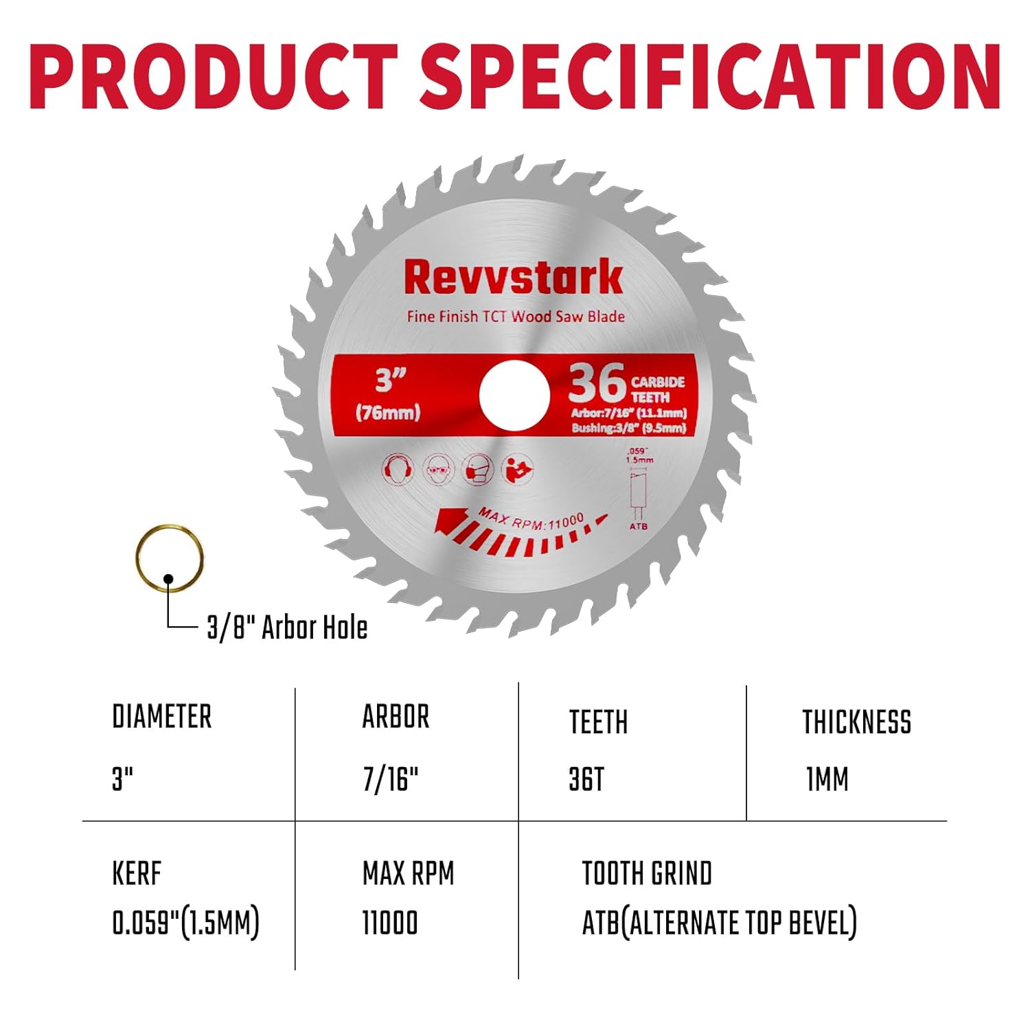 3 Pack 3 Inch 36 Tooth Carbide Circular Saw Blade for Wood, Plastic, PCV, Acrylic, Aluminum with 7/16" Arbor, 3/8" Bushing, Fit Dewalt Craftsman Ryobi Milwaukee - Image 2