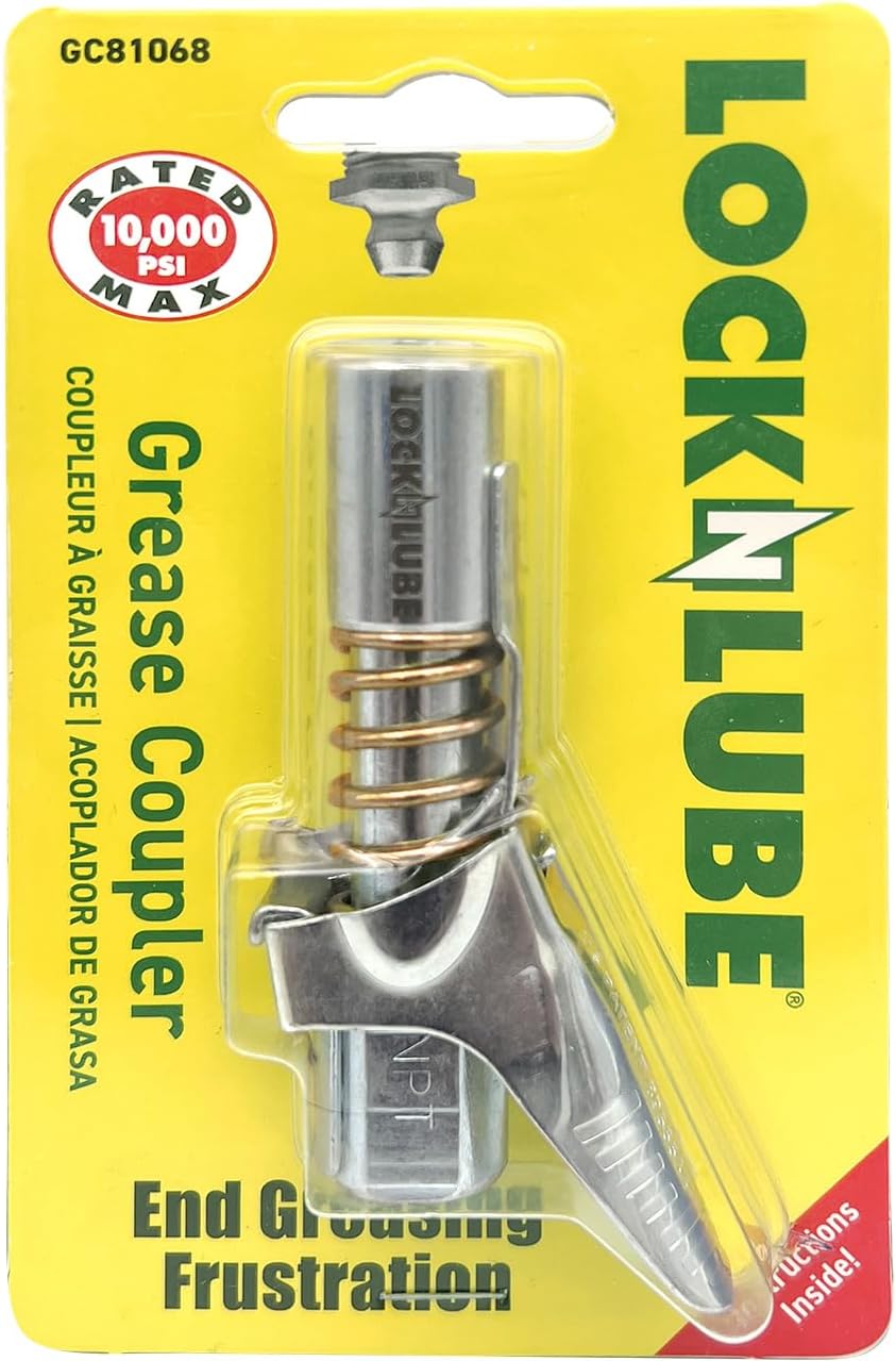 LockNLube Grease Gun Coupler locks onto Zerk fittings. Grease goes in, not on the machine. The original locking grease coupler. Rated 10,000 PSI. Long-lasting rebuildable tool.