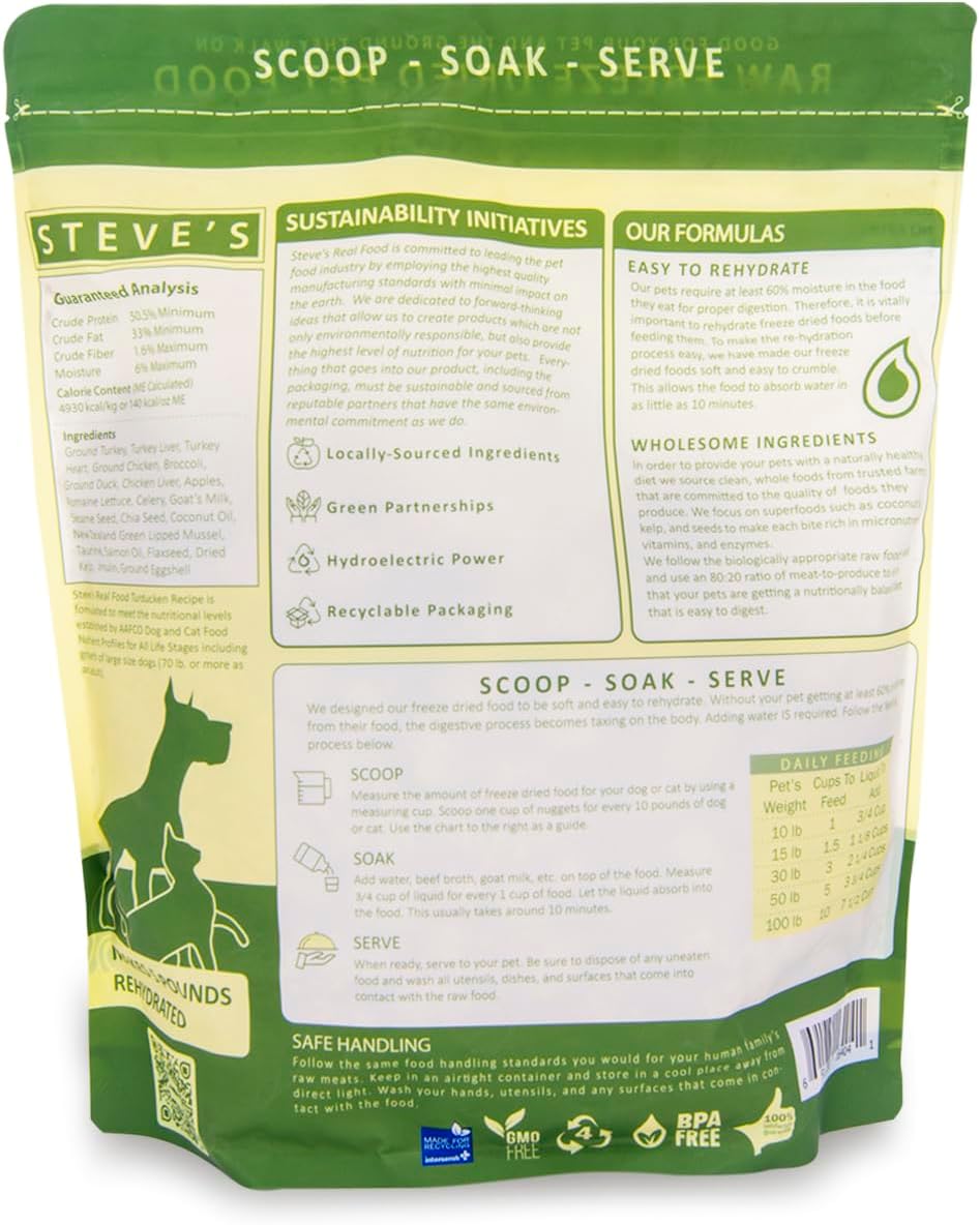 Steve's Real Food Freeze-Dried Raw Food Diet for Dogs and Cats, 2-Pack, Turducken Recipe (Turkey & Duck), 1.25 lbs in Each Bag, Made in The USA, Pour and Serve Nuggets, Vegetarian Fed & Free Range - Image 2