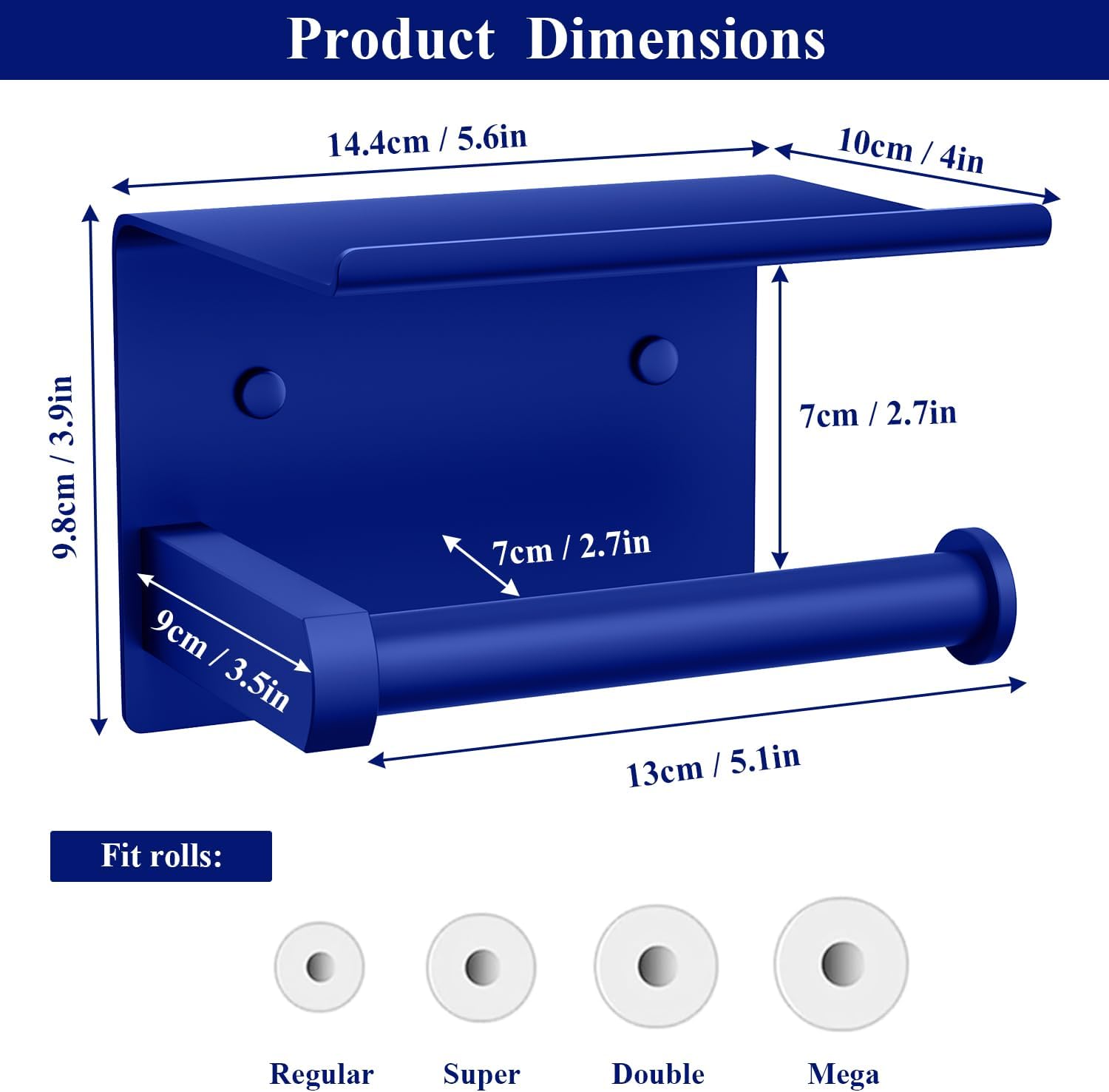 Tindbea Toilet Paper Holder with Shelf Adhesive or Screw Wall Mounted Toilet Paper Roll Dispenser Storage, Stainless Steel Bathroom Shelf Holder Accessories (Klein Blue) - Image 3