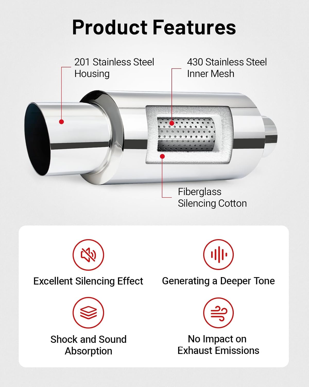 EVIL ENERGY 2" Exhaust Muffler, 2" Inlet (OD) 3" Outlet Stainless Steel Universal Straight Through N1 Style Exhaust Tip, Deep Tone for Modern Trucks, Muscle Cars & Daily Drivers - Image 4