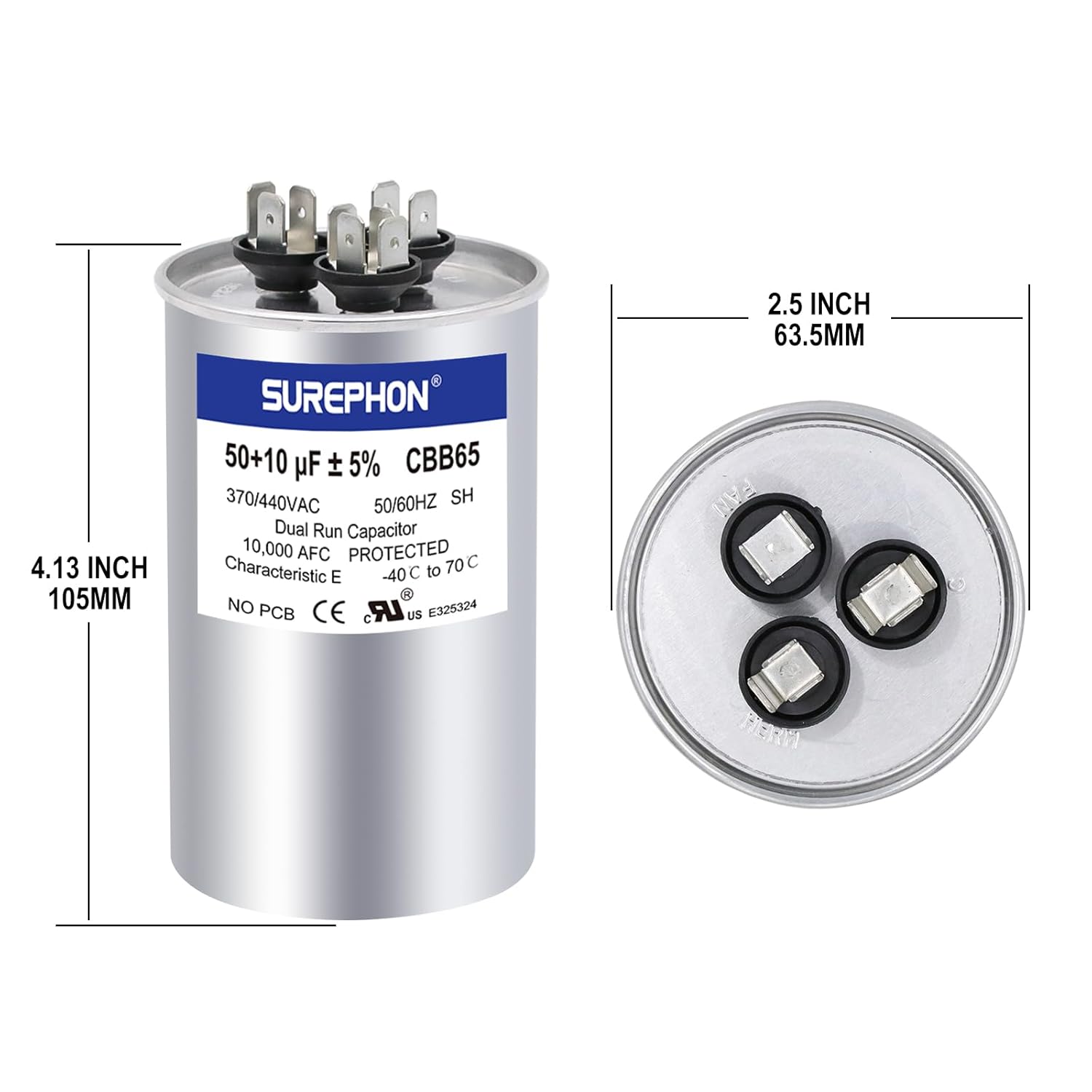 50+10 uF 50/10 MFD ±5% 370V/440VAC Dual Run Start Capacitor CBB65B Works for AC Unit Fan Motor Start or Heat Pump or Condenser Straight Cool - Image 2