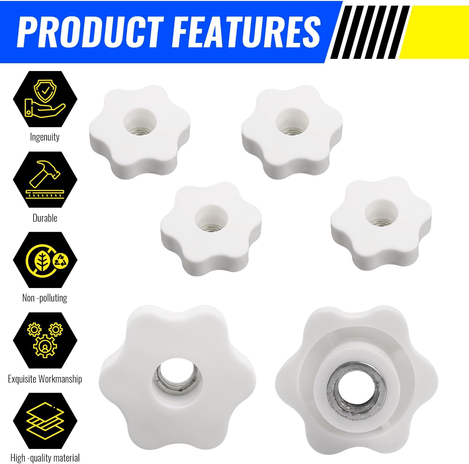 M12 Thread Knurled Star Knobs,1/2"-13 Through Hole Star Plum Handle Nuts,6-Lobe Hand Knobs for 3D Printer, CNC (White,10 Pcs) - Image 3