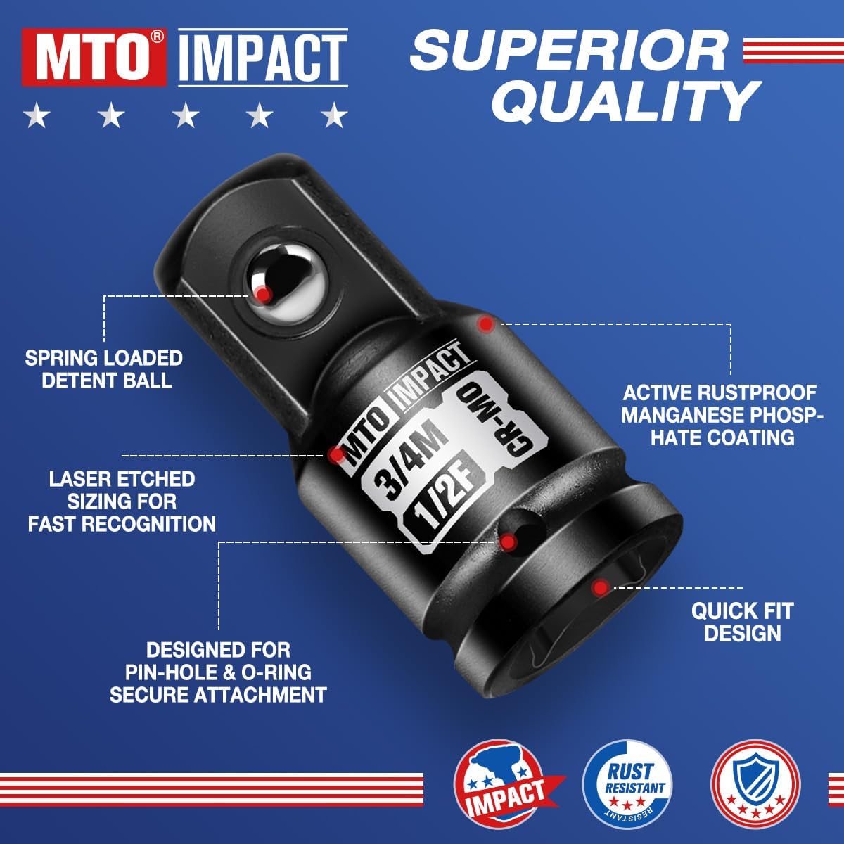 MTO 1/2" Female to 3/4" Male Impact Socket Adapter, 1/2-Inch Impact Socket Adapter, Chrome Molybdenum Alloy Steel - Image 2