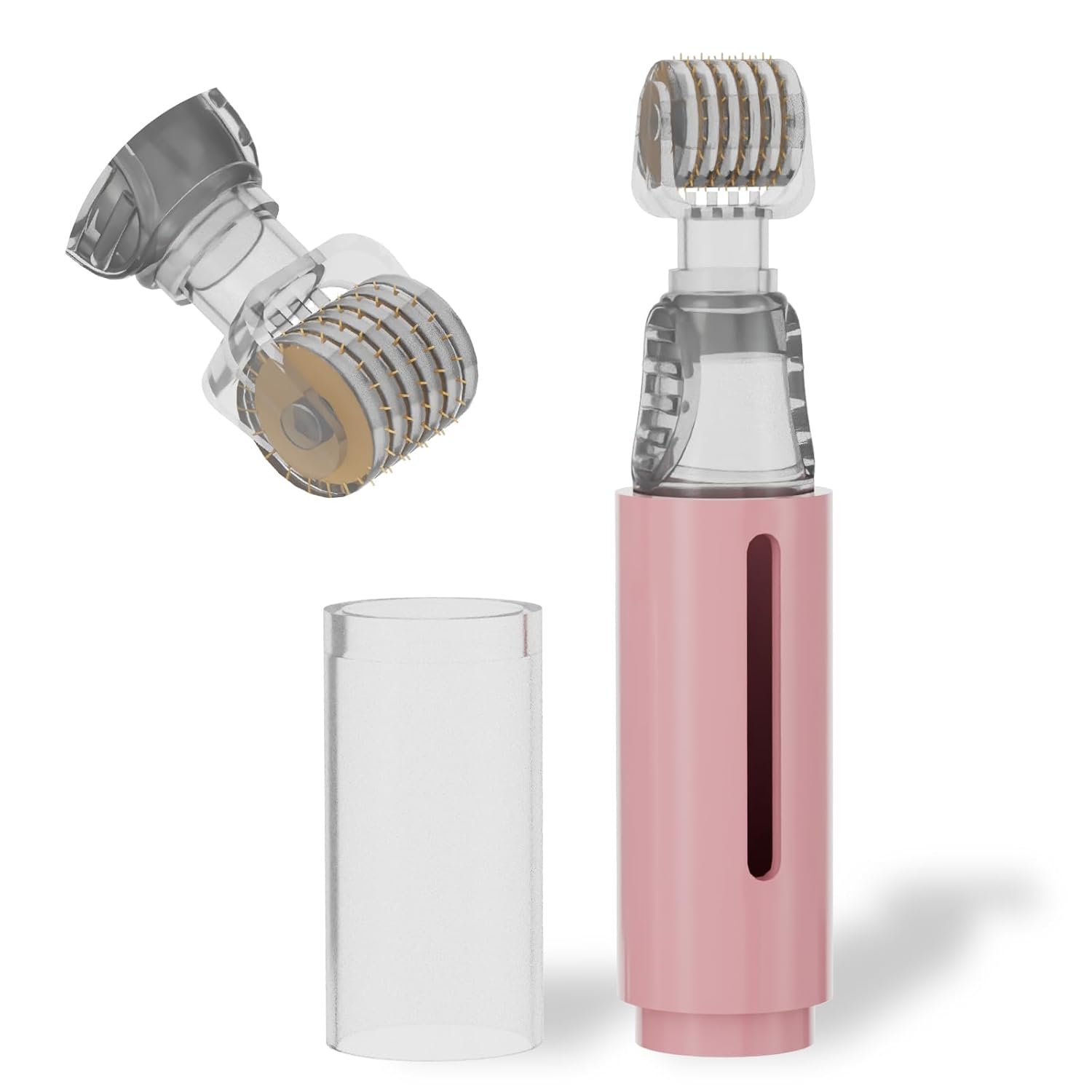 Derma Roller with Liquid Reservoir, Quick Serum Applicator for Lips, Skin, Hair, Wrinkles, Easy to Use Micro Needle Roller Without Serum, 105 Titanium Needles 0.25 mm (PINK)