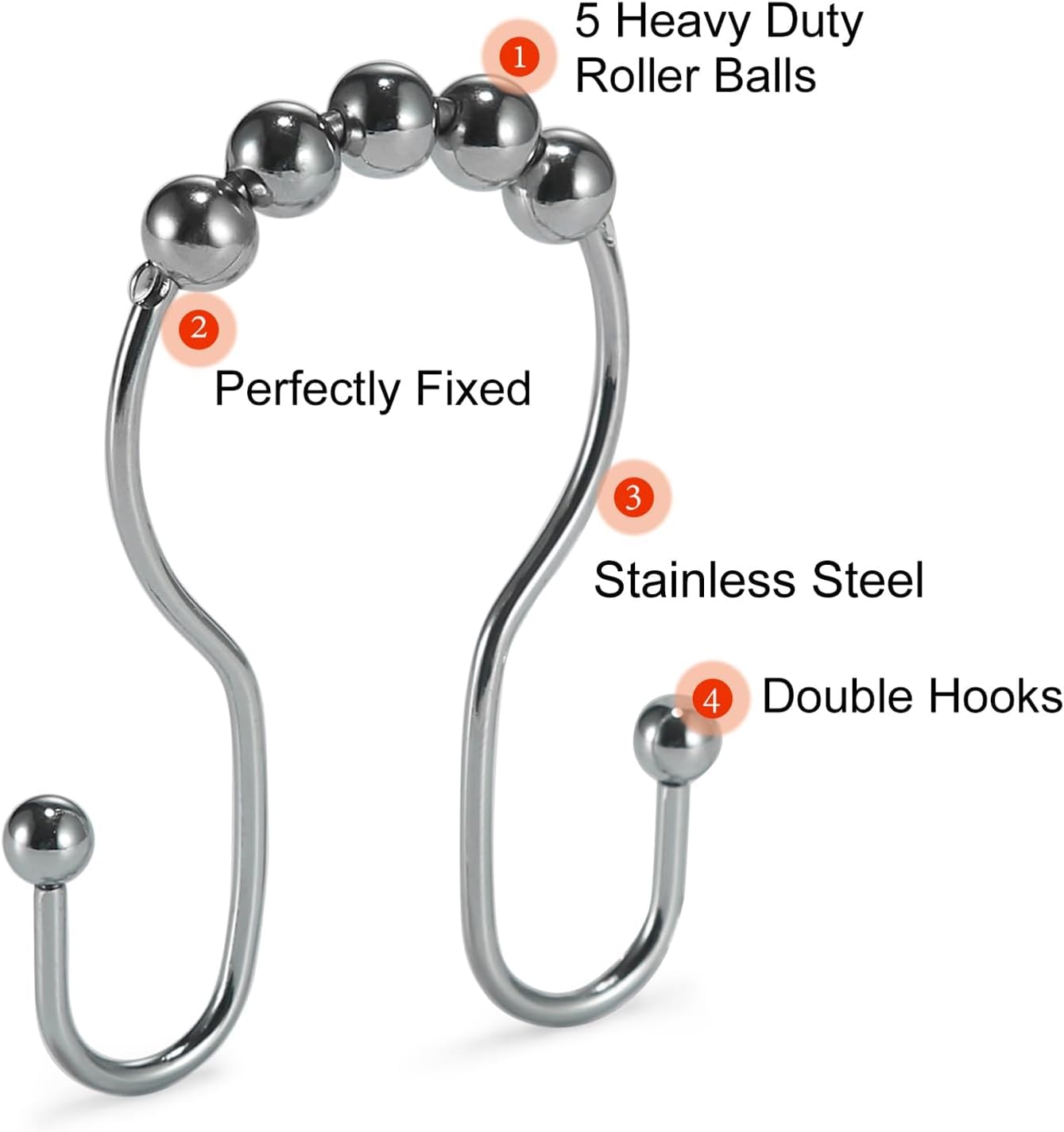 Goowin Shower Curtain Hooks, 12 Pcs Shower Curtain Rings, Stainless Steel Shower Curtain Hangers, Double Hook Shower Curtain Hooks, Smooth Sliding Anti-Drop Shower Rings for Curtain (Chrome) - Image 4