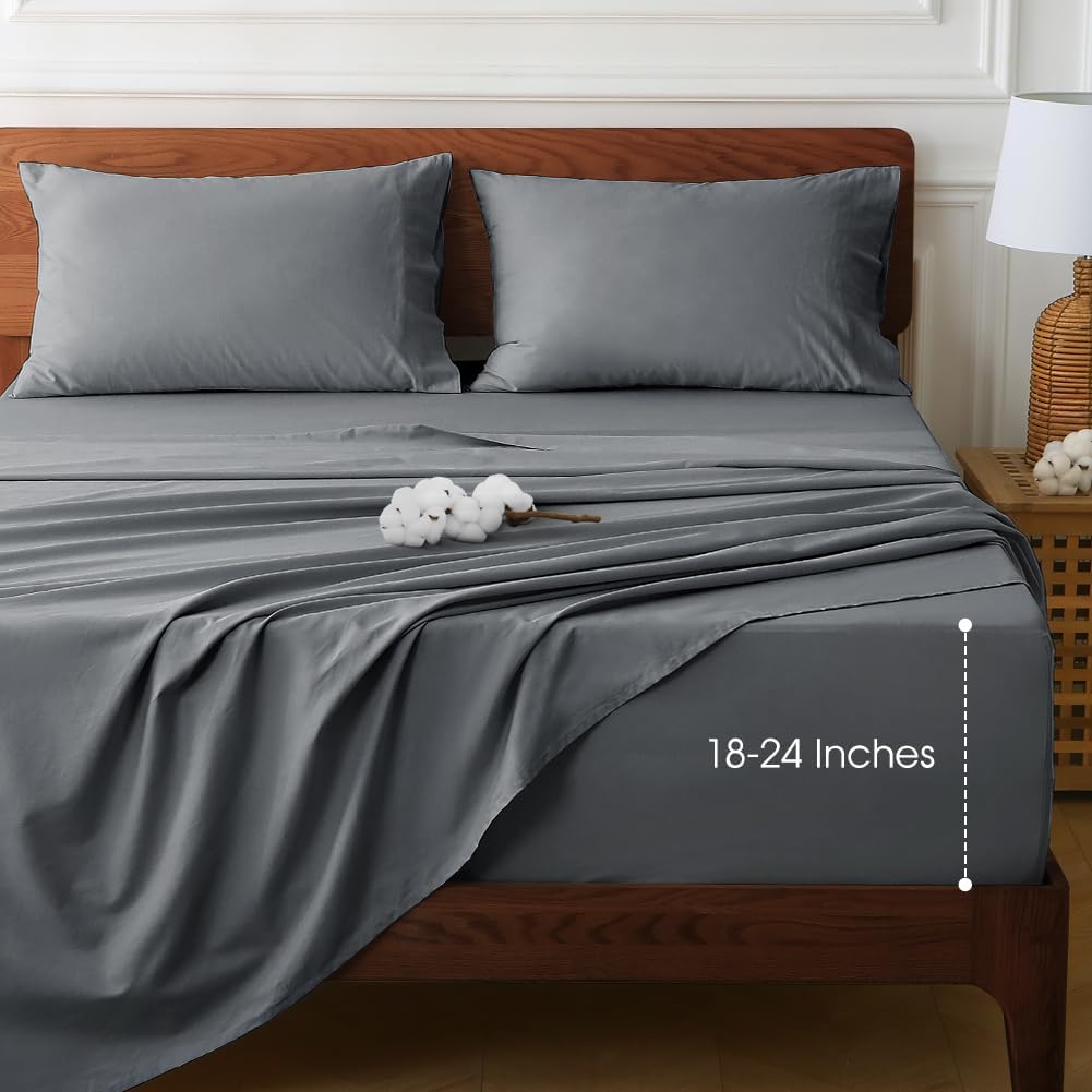 HYPREST Extra Deep Pocket Queen Sheet Sets Fits 18"-24" in Deep Mattress -100% Cotton Queen Sheet Set,Grey Hotel Luxury Soft Cooling Sheet Sets for Queen Bed Deep Pocket