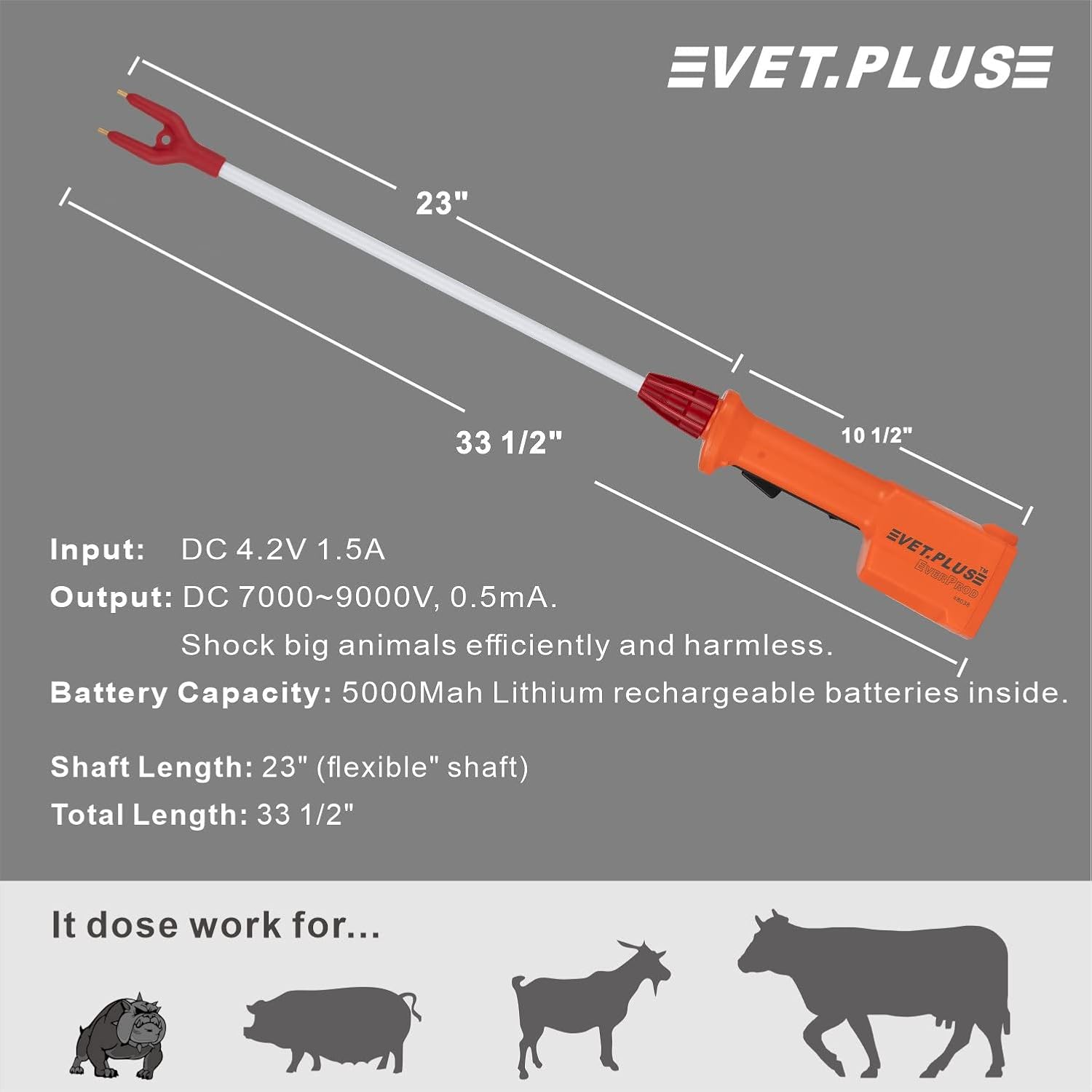 Rechargeable Waterproof Cattle Prod for Cows Hogs Sheep Large Dogs Electric Livestock Prod with 23" Length Flexible Shaft, Total Length 33.5 inch - Image 6