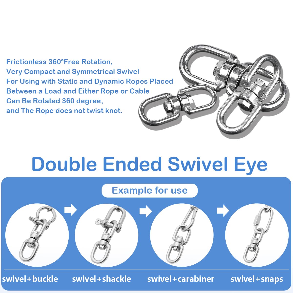 Double Eye Swivel, 304 Stainless Steel Eye to Eye Swivel Ring Dismounting Ring Connector Hardware Double Ended Swivel Hooks Carabiner Swivel Tree Swing Shackle Suspension (M4-4PCS) - Image 5