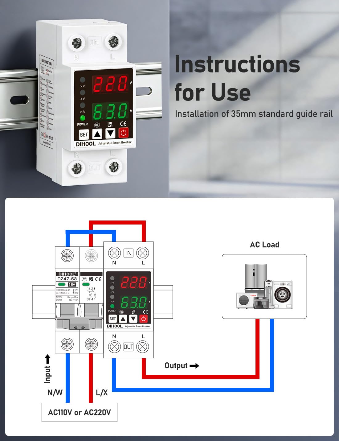 DIHOOL Smart Circuit Breaker with Adjustable Voltage Protection, 70-200V Low and 140-300V High Cutoff, 1-63A Overcurrent Protector, AC Disconnect Switch, DIN Rail Mount - Image 6