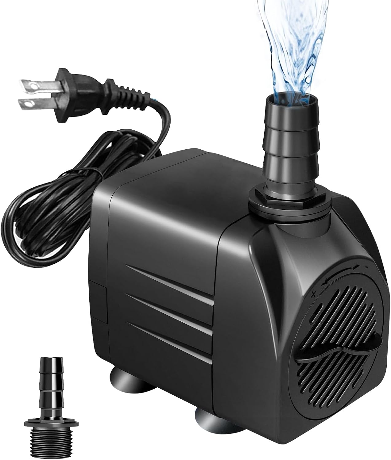 220GPH (800L/H) Submersible Pump 15W, Ultra-Quiet Water Fountain Pump with Adjustable Flow, 5.25ft High Lift & 3.9ft Power Cord, Includes 3 Nozzles for Aquarium, Pond, Hydroponics, Statuary
