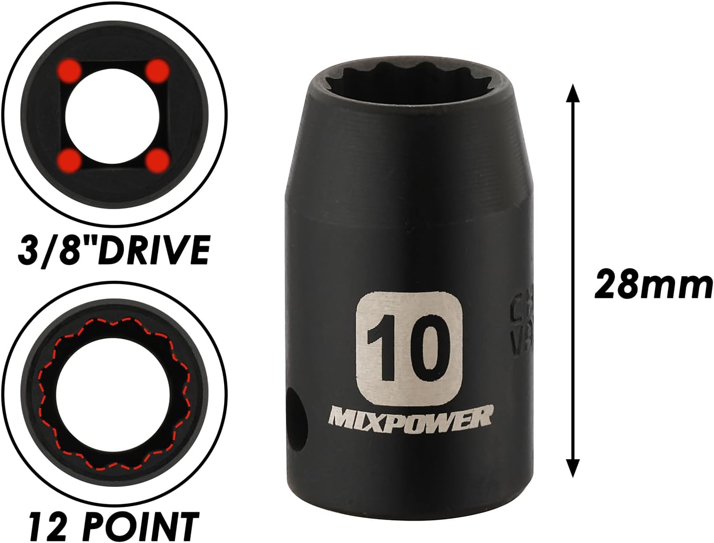 MIXPOWER 6PCS 3/8"Drive 10mm Deep&Shallow Socket, 6 Point & 12 Point, CR-V, Metric, Black Phosphate Finish… - Image 6