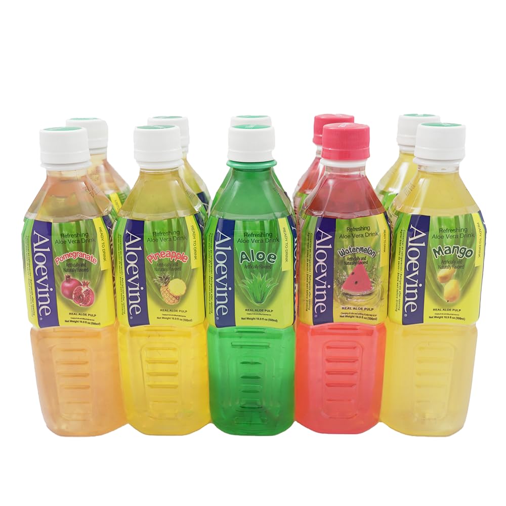 Aloevine Aloe Vera Drink juice l variety |16.9 oz. pack of 10 l 2 original, 2 watermelon, 2 mango, 2 pomegranate, 2 pineapple | plant based Vegetable Korean drinks