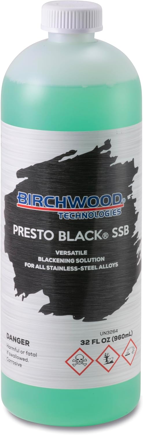 Birchwood Presto Black Stainless Steel Blackener (SSB) Technologies - cold brush on blackening solution for STAINLESS alloys, traditional patina stainless black oxide touch-up
