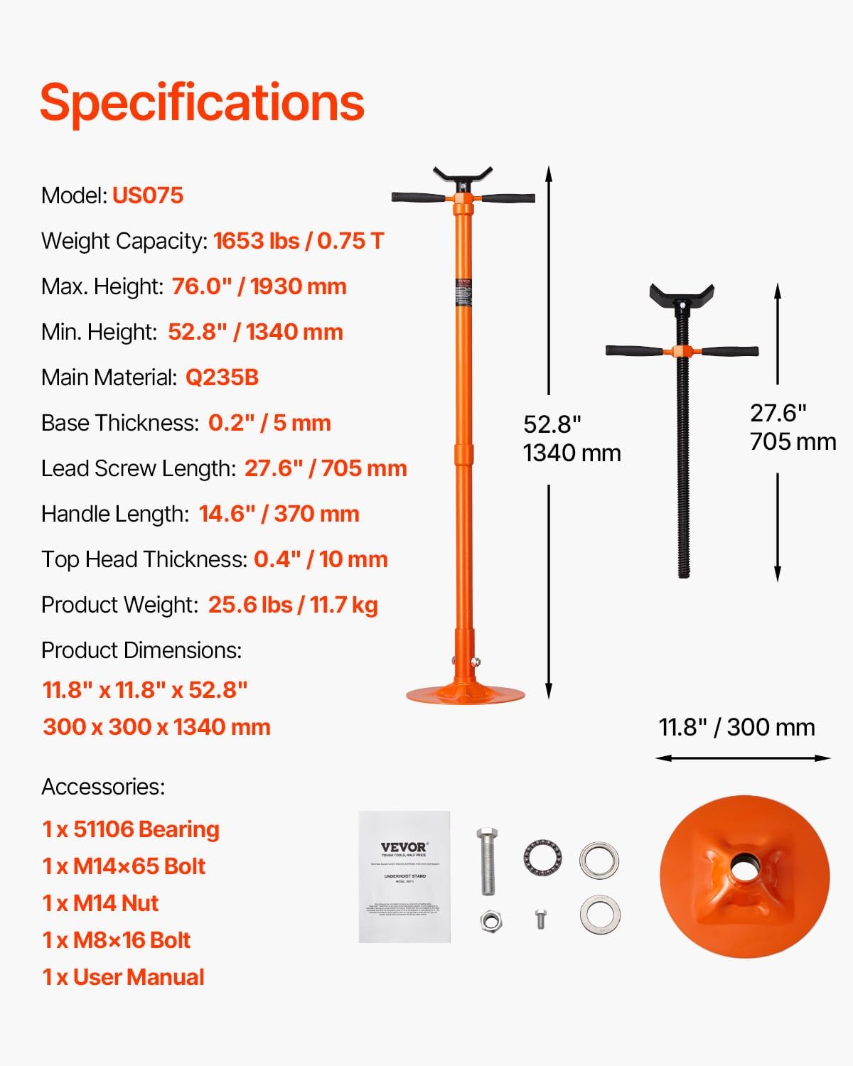 VEVOR Underhoist Support Stand, 3/4 Ton (1653 lbs) Capacity Under Hoist Jack Stand with Two Wheels, Lifting from 51.97" to 80", Bearing Mounted Spin Handle, Foot Pedal, Support Vehicle Components - Image 7