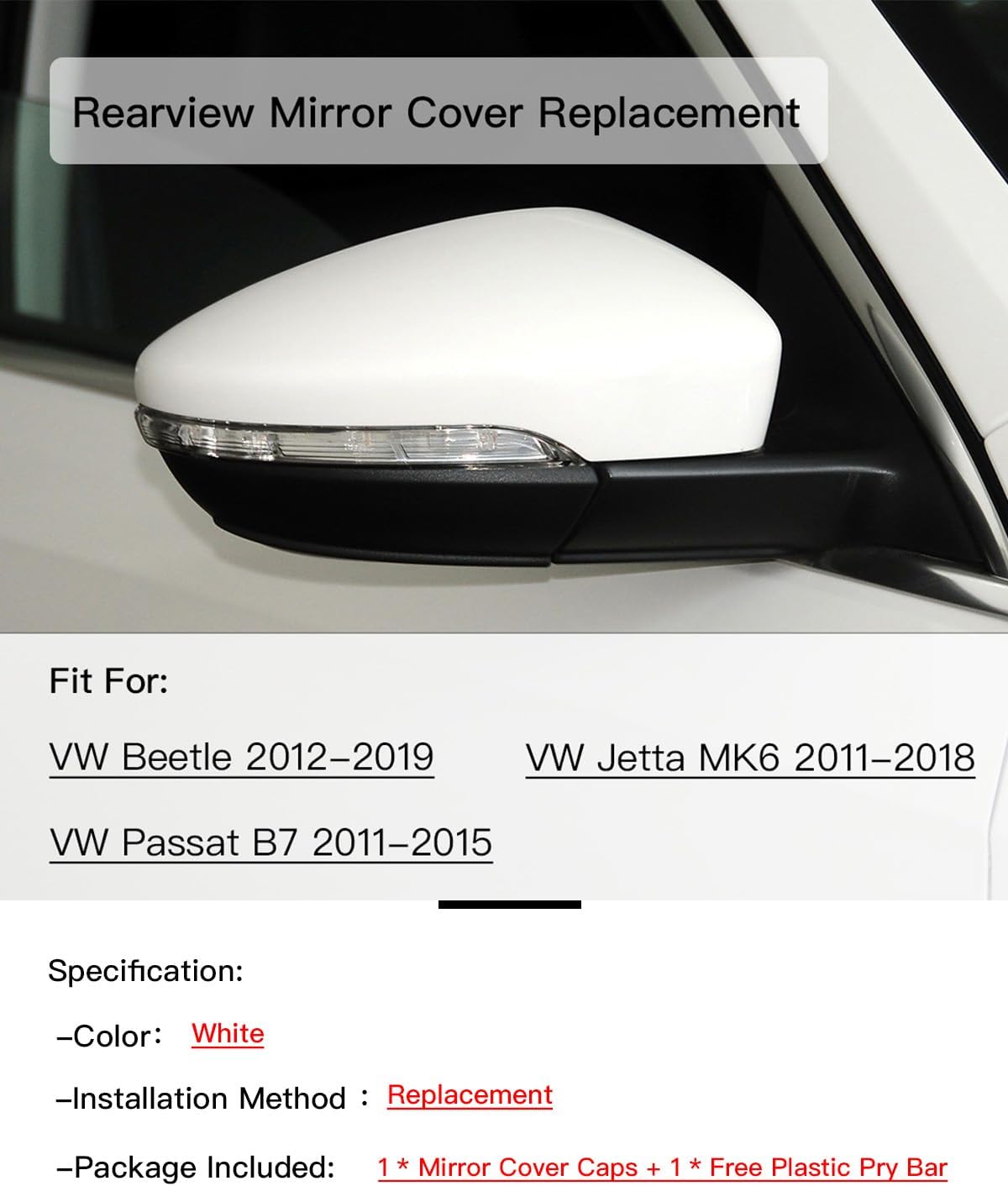 Left Driver Side Mirror Cover Cap Compatible with VW Beetle 2012-2019, Jetta MK6 2011-2018 White,Only Suitable For US Model - Image 2