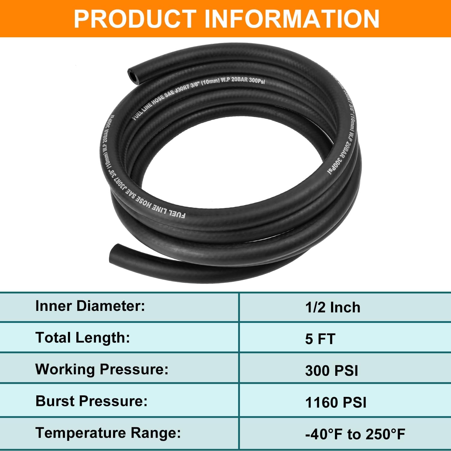 1/2 Inch ID Fuel Line Hose - 5FT Marine Grade Fuel Line with 4PCS Hose Clamps,300PSI High-Pressure Fuel Line for Automotive Fuel Systems Engines (1/2" ID-5Ft) - Image 5