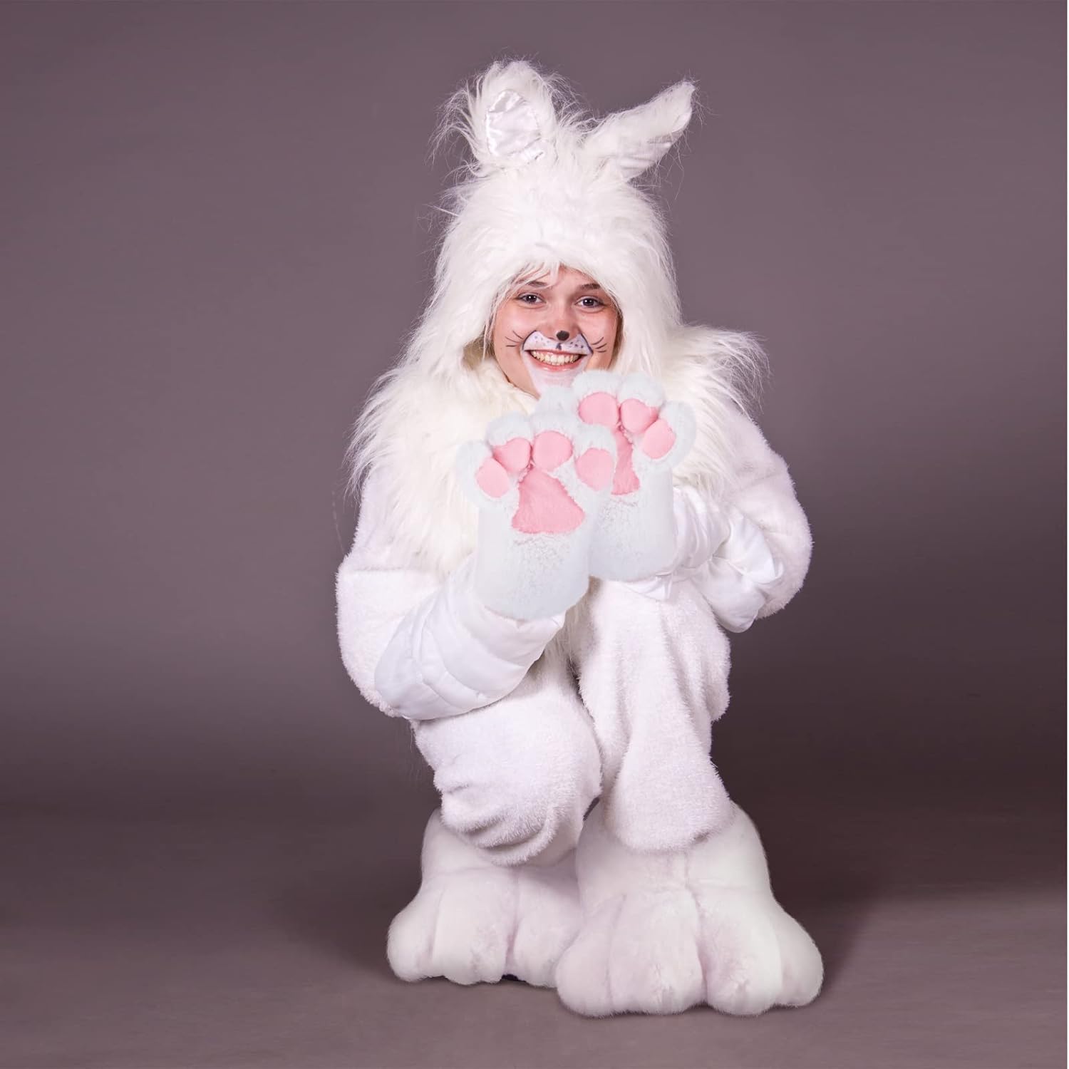 Giegxin 2 Pcs Easter Rabbit Costume Feet Hand Gloves Set White Plush Bunny Paws Shoes Slippers for Women Adult - Image 3