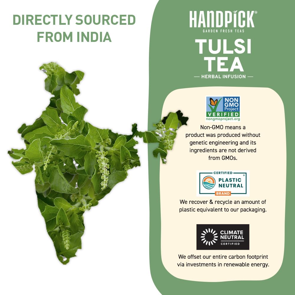 HANDPICK Original Tulsi Tea (100 count) Holy Basil Tea | Non-GMO, Caffeine-Free Herbal Tea | Ecofriendly Round Tea Bags - Image 8