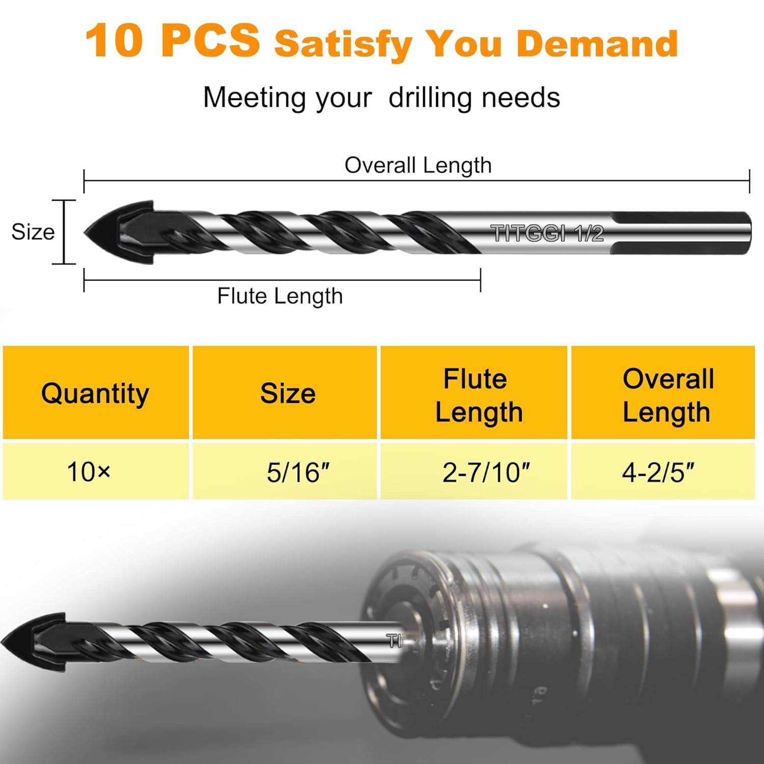 TITGGI 5/16" (10PCS) Masonry Drill Bit Set & Cement Drill Bits, Professional Concrete Drill Bit Set for Glass/Brick/Plastic/Cement/Wood/Tile/Etc, Industrial Strength Carbide Drill Bit Tip - Image 3