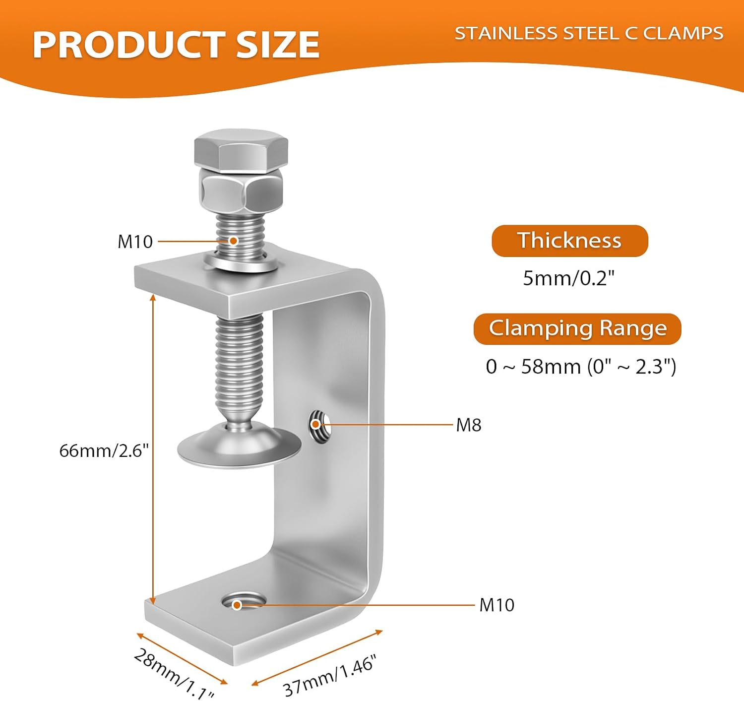 2-9/16 Inch C Clamp, 2 Pcs 304 Stainless Steel C Clamps, for WoodWorking, Small U Clamps for Mounting, Mini Desk Clamps with Stable Wide Jaw Opening & Protective Pads/I-Beam Design (65mm)