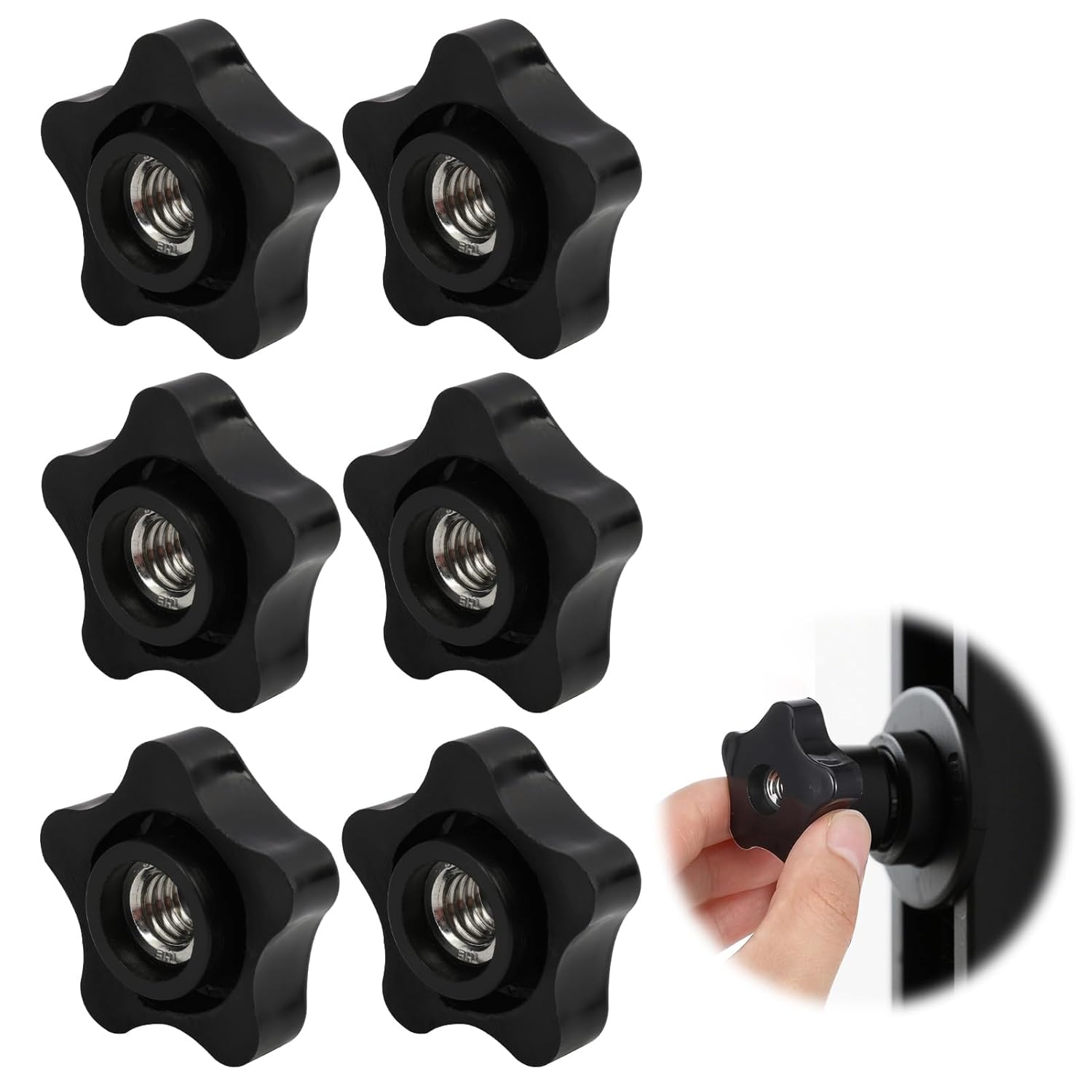 6 Pcs 3/8-16 Threaded Knob Nut, 5 Star Shaped Female Thread Knob with Sturdy PP and Stainless Steel Thread, Black Plastic Star Knobs Screw-On Clamping Knobs for Tool, Machinery & Equipment (3/8"-16)