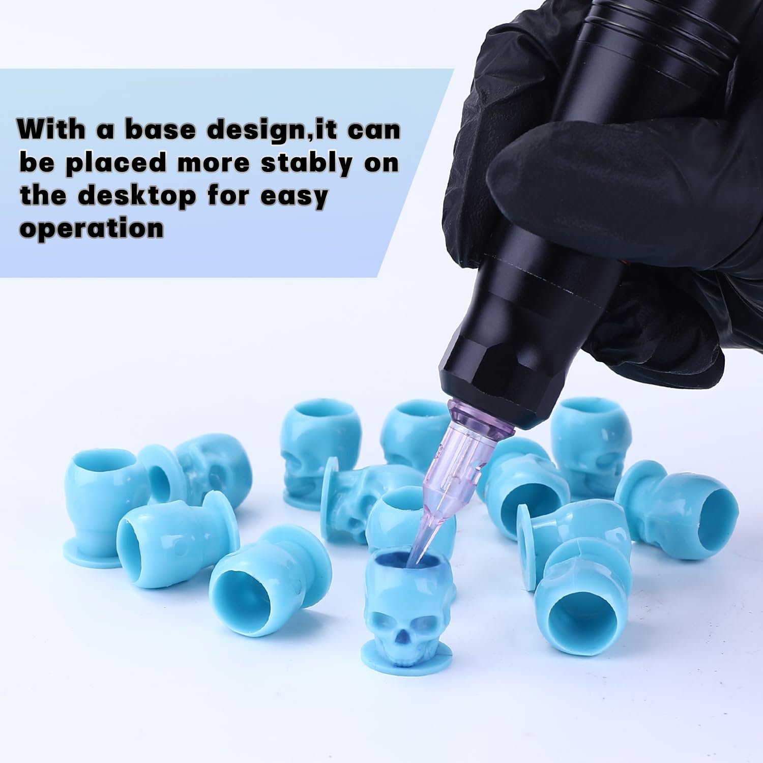 Tattoo Ink Caps 200PCS Disposable Skull Plastic Ink Cups for Tattooing Makeup Eyebrow Eyeliner Lip Pigment Holder Cups with Base Tattoo Supplies and Accessories (Blue) - Image 3