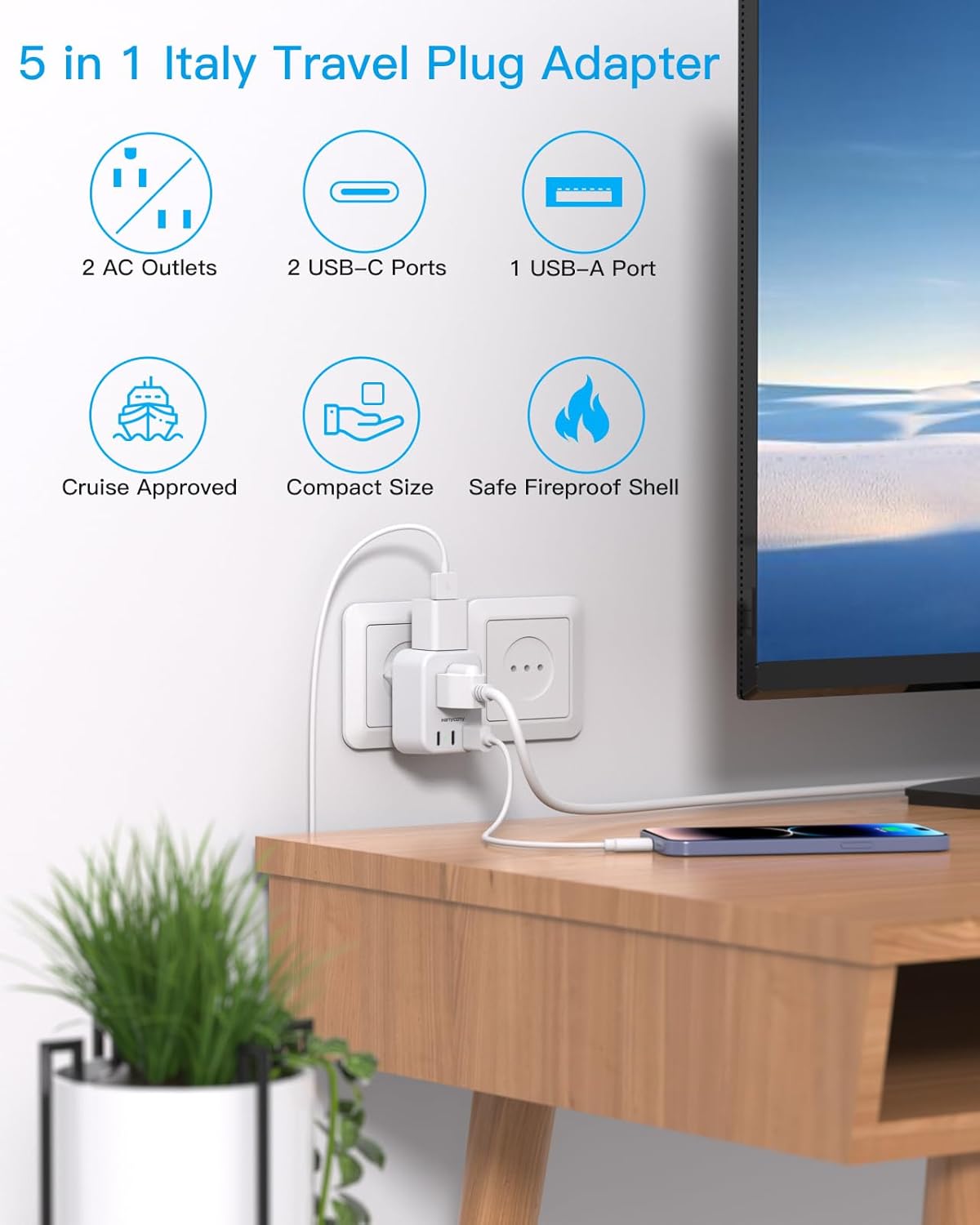 Italy Travel Plug Adapter, HANYCONY Type L Power Plug Adapter with 2 Outlets 3 USB Ports(2 USB C) for US USA to Italy Rome Uruguay Chile Travel Essentials - Image 3