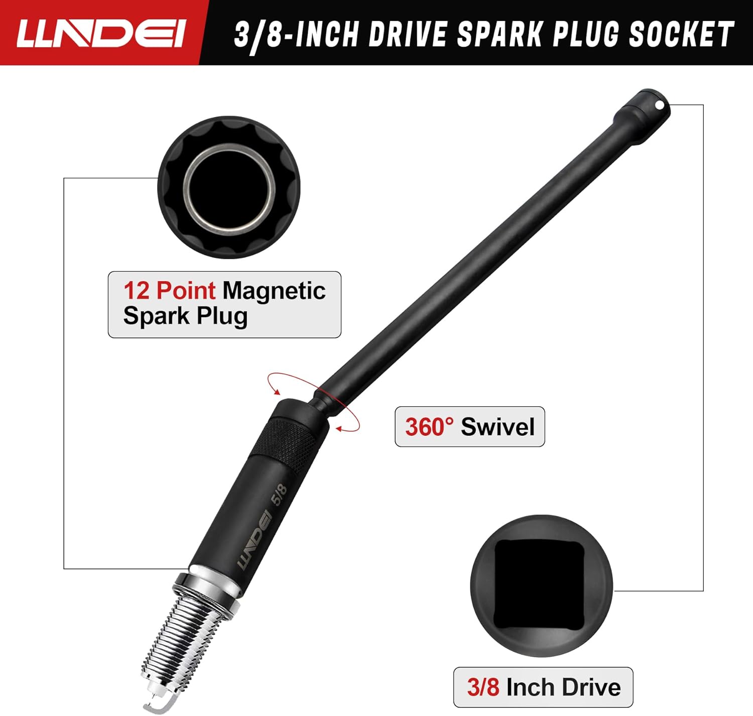 LLNDEI 3/8-Inch Drive Magnetic Swivel Spark Plug Socket Set, Include 12-Point: 14MM 4-inch, 5/8-inch 4-inch, 9/16-inch 6-inch, 5/8-inch 6-inch, 13/16-inch 6-inch and 5/8-inch 11-inch - Image 3