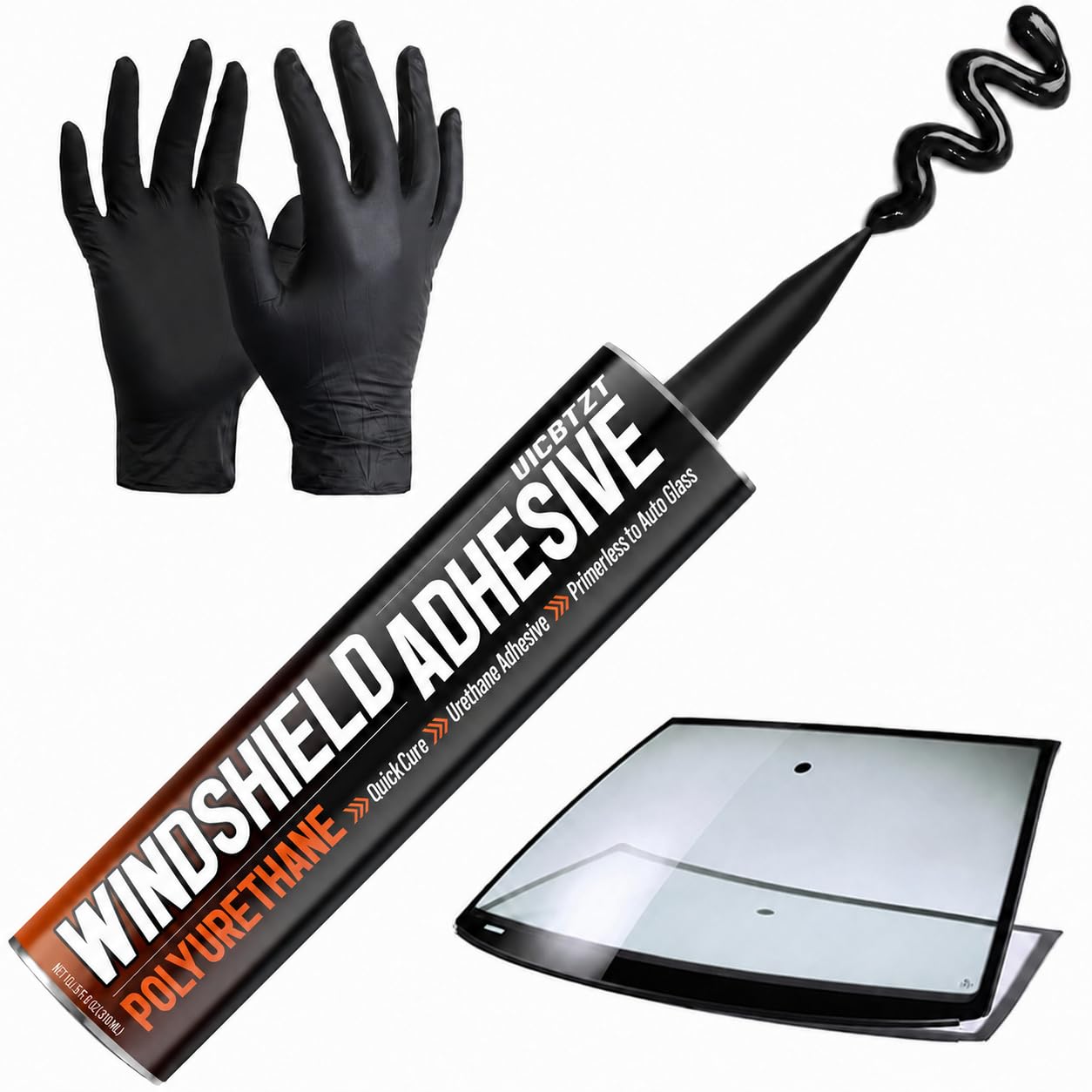 Urethane Windshield Adhesive, Fast Curing & Ultra-Bond Windshield Sealant, Heat-Stable Auto Glass Glue for Car, Truck, Side Window, Convertible, Windshield Repair Kit with Tool, 10.5 oz (Black)