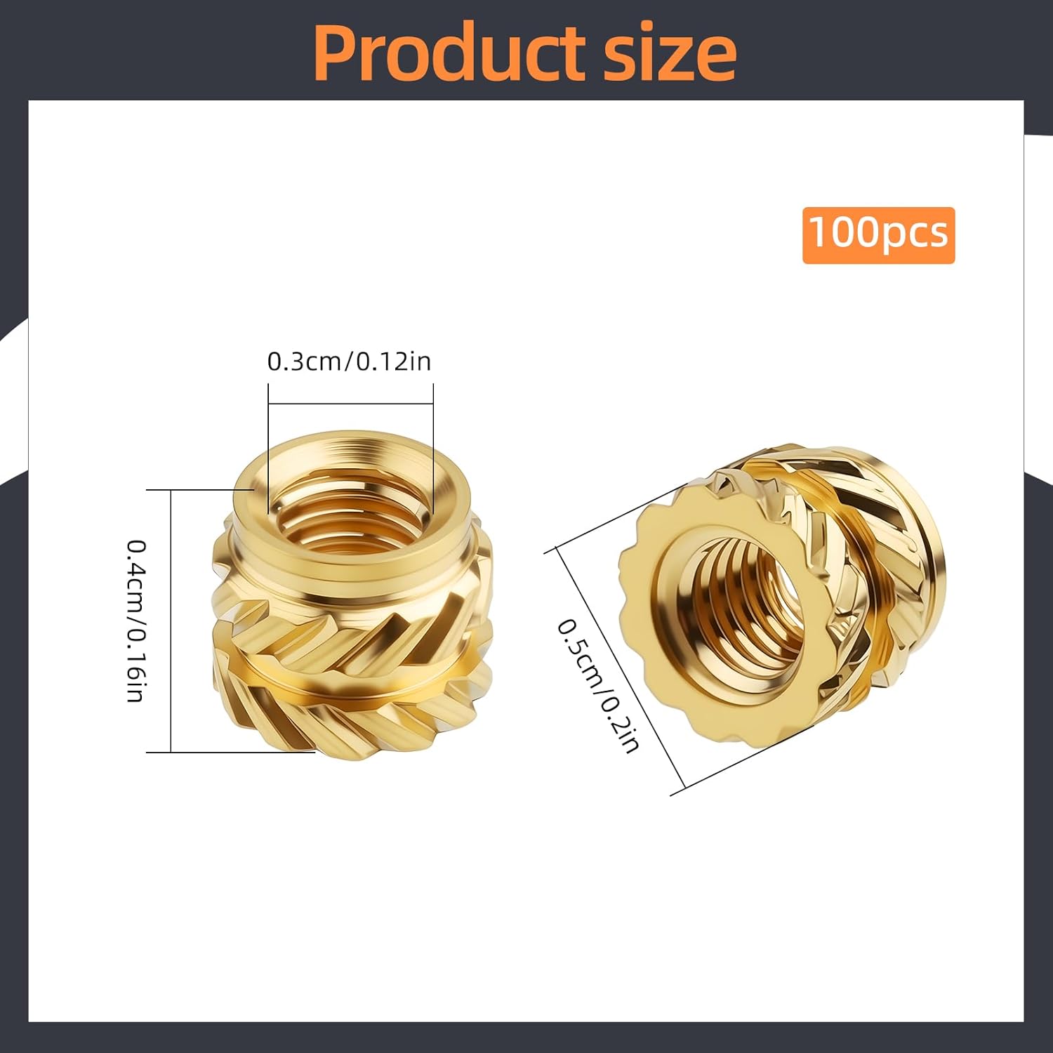 100 PCS M3 Threaded Insert M3 x 4mm x 5mm Heat Set Inserts, 3D Printing Brass Nuts Threaded Inserts Nuts for Plastic, Female Thread Knurled Heat Embedment Nut for Loptop Automotive Plastic Shell - Image 2