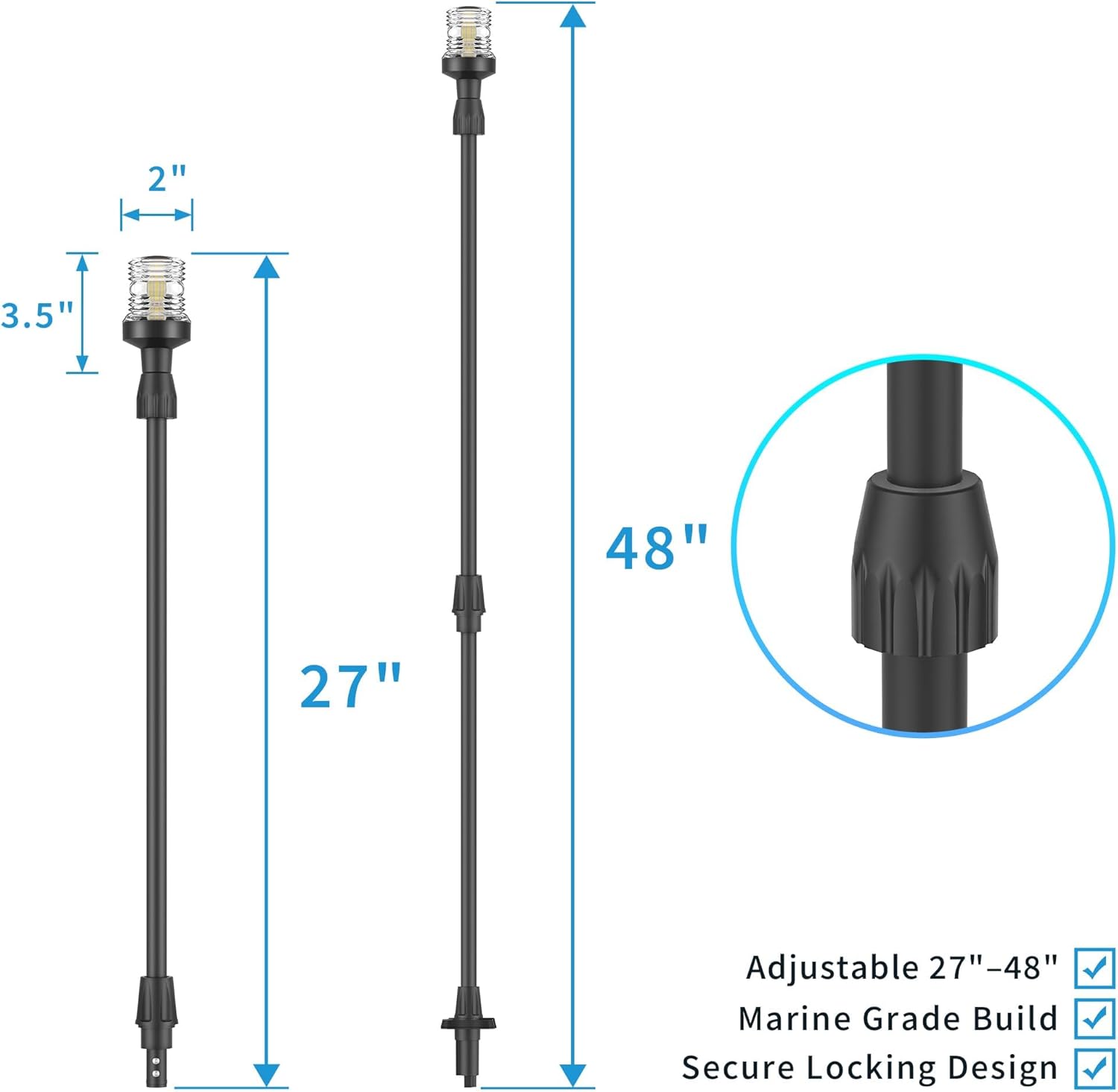 Obcursco Boat Stern Lights, Telescoping Pole 27"-48" LED Anchor Light with Base, 12V Adjustable 3NM 360° Navigation Lighting for Pontoon, Yacht, Bass, and Fishing Boats (27"-48", Black) - Image 6