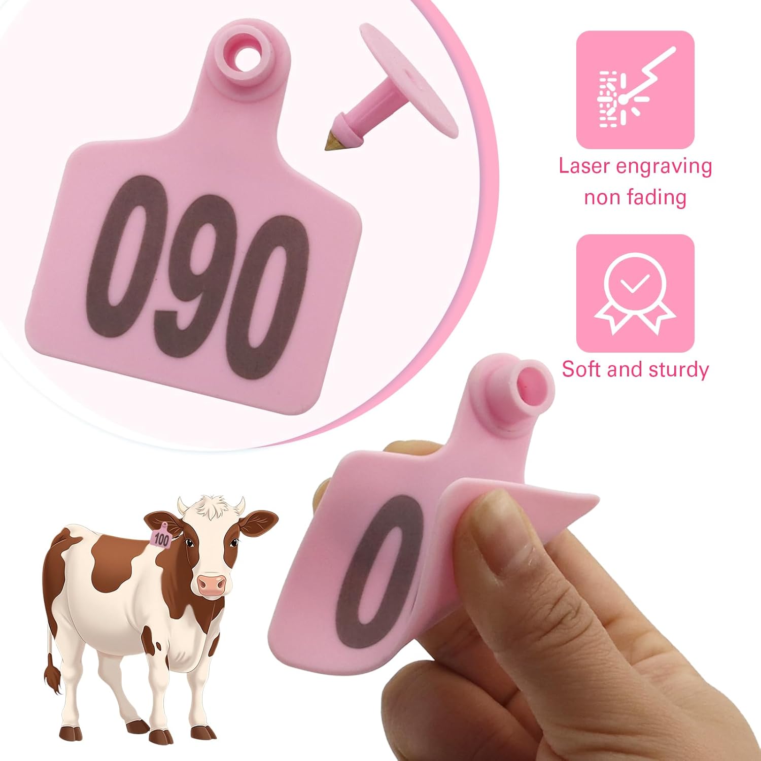 Cattle Ear Tags 001-100 Number Plastic Livestock Animal Tag for Cows Ear Tag Applicator Kit (Pink) - Image 3