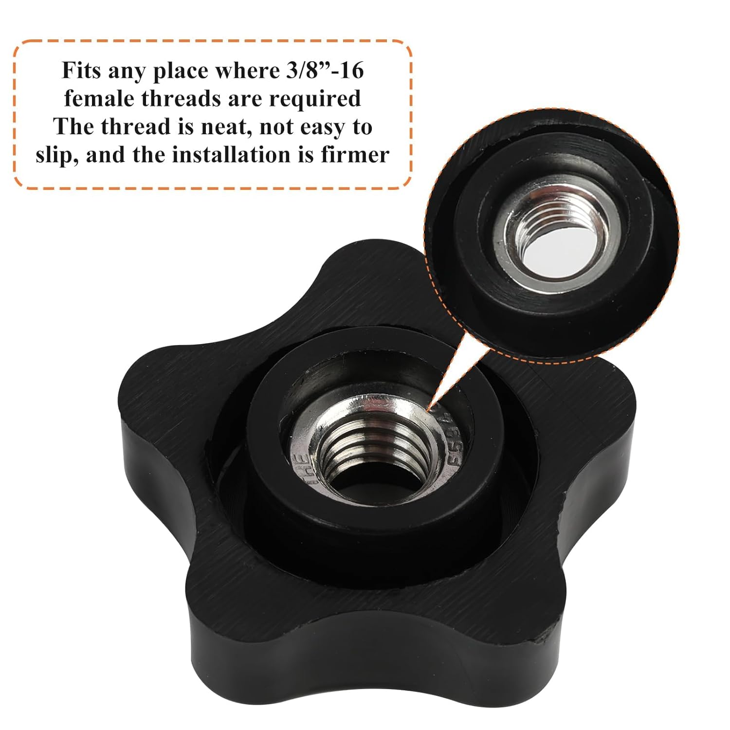 6 Pcs 3/8-16 Threaded Knob Nut, 5 Star Shaped Female Thread Knob with Sturdy PP and Stainless Steel Thread, Black Plastic Star Knobs Screw-On Clamping Knobs for Tool, Machinery & Equipment (3/8"-16) - Image 5