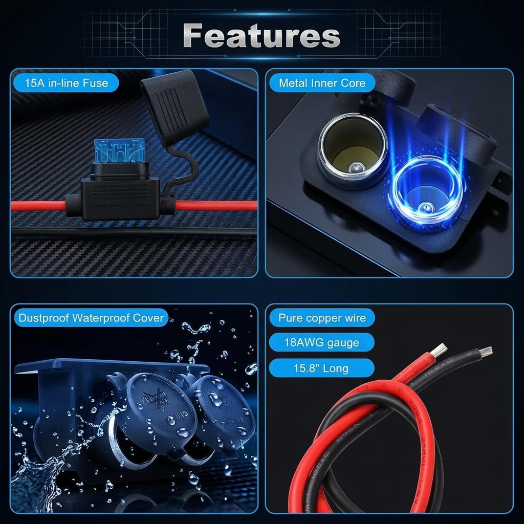 1PCS Cigarette Lighter Socket with Blade Fuse, 2-Socket Cigarette Lighter Splitter 12V Lighter Power Outlet Replacement Waterproof Plug for Car Marine Truck ATV RV - Image 4