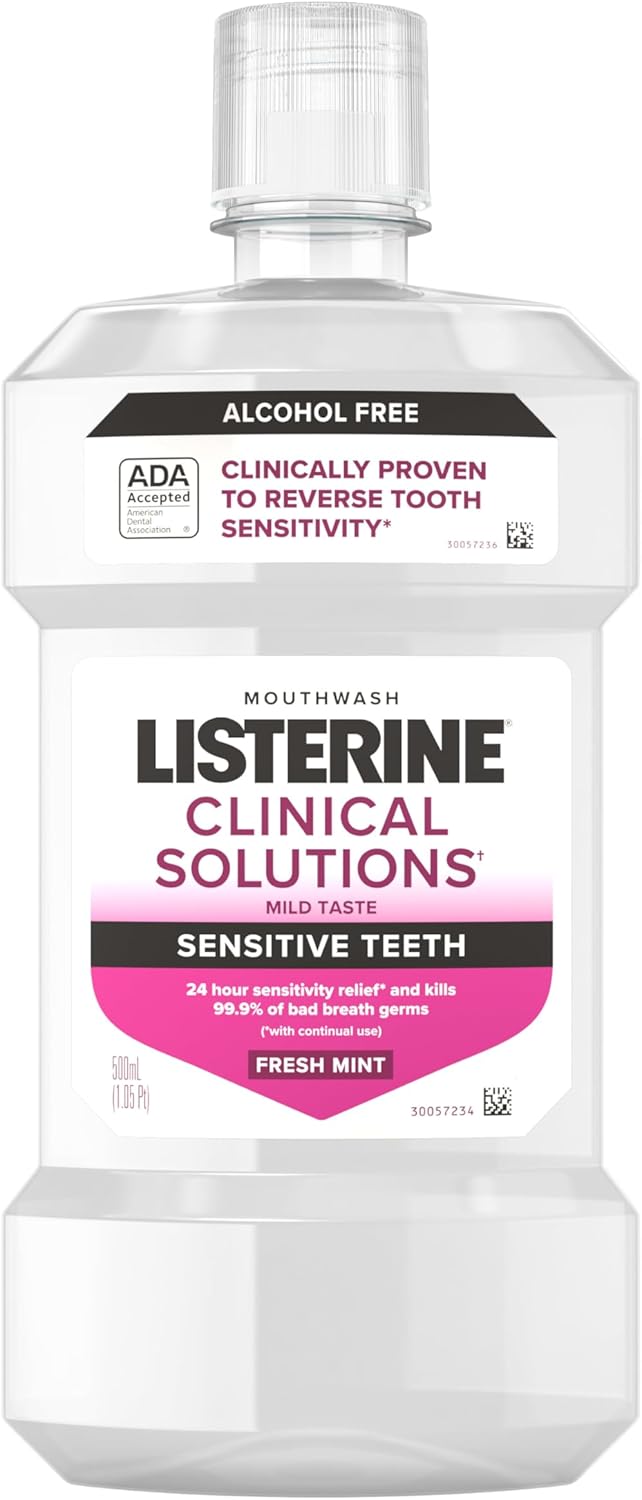 Listerine Clinical Solutions Sensitive Teeth Alcohol Free Mouthwash, Fresh Breath Dental Mouthwash Provides Protection & Relief from Tooth Sensitivity Pain, Daily Fresh Mint Oral Rinse, 500 mL