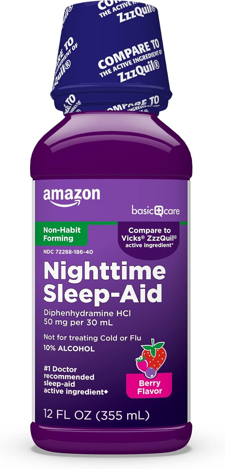 Amazon Basic Care Nighttime Sleep-Aid Liquid for Adults, Helps Fall Asleep Fast, Diphenhydramine HCl 50 mg, Mixed Berry Flavor, 12 fl oz (Pack of 1)