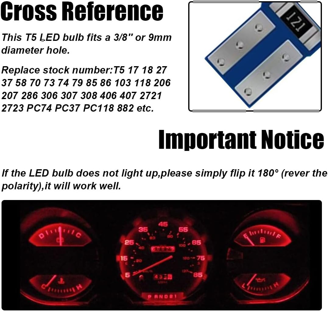 GLSOWEE T5 LED Bulbs, 74 73 37 2721 LED Bulb 12 Volt Replacement, Bright Canbus Error Free, Compatible with Auto Car Gauge Cluster Dashboard Light Lamp Instrument Panel Indicator (Red) - Image 6