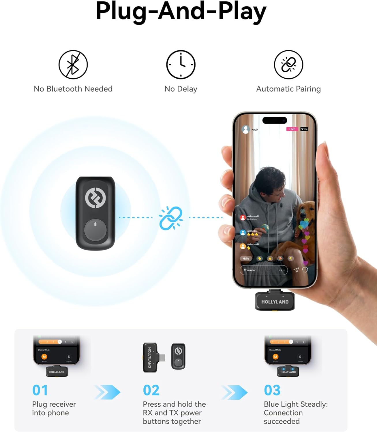 Hollyland Lark A1 Wireless Microphone for iPhone & Android, 48kHz/24-bit Studio Audio, 3-Level Noise Cancellation, 200m Range, Magnetic Mini Mic for Video Recording & Live Streaming (2TX + USB-C RX) - Image 10